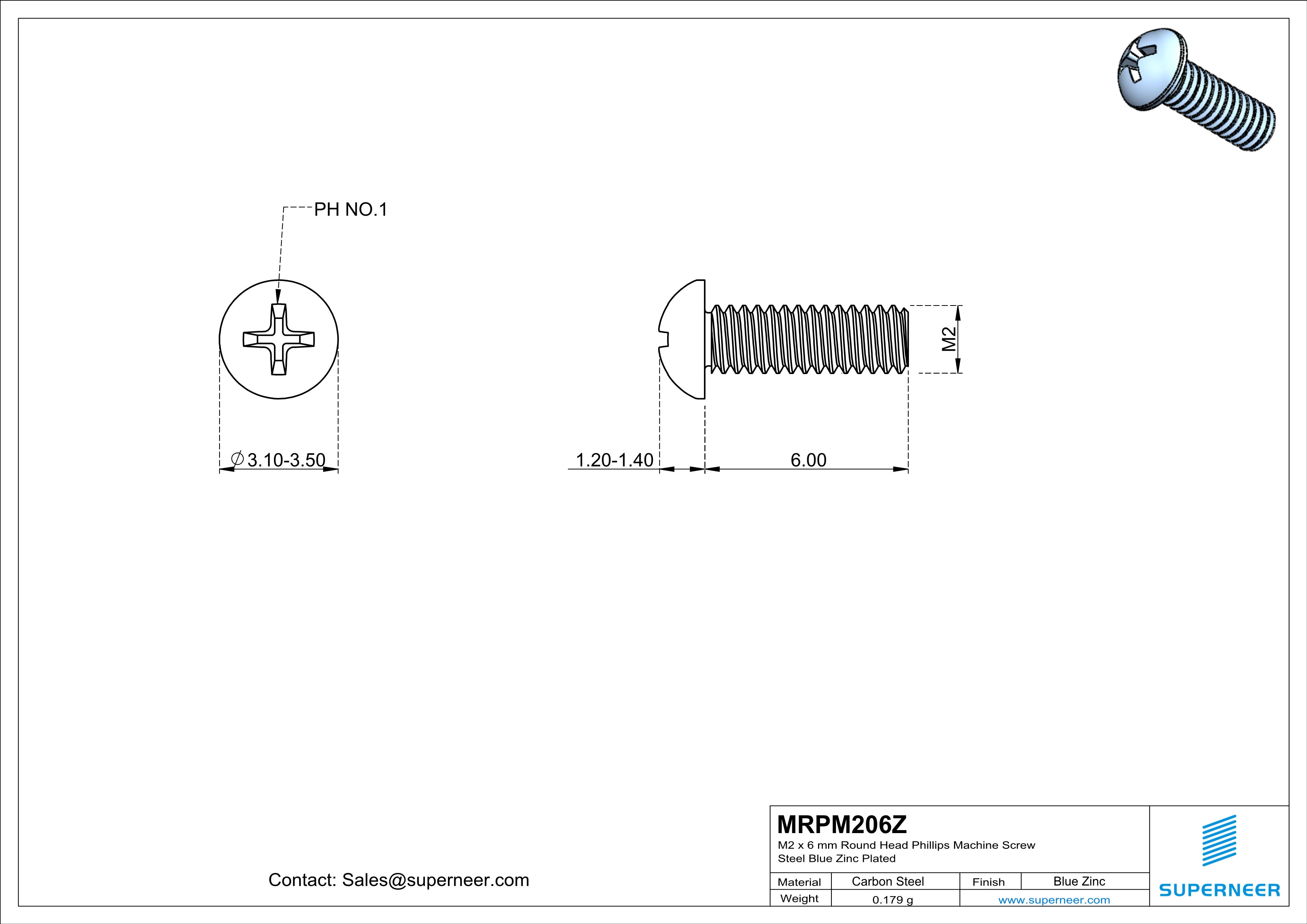 M2 x 6 mm Round Head Phillips Machine Screw Steel Blue Zinc Plated