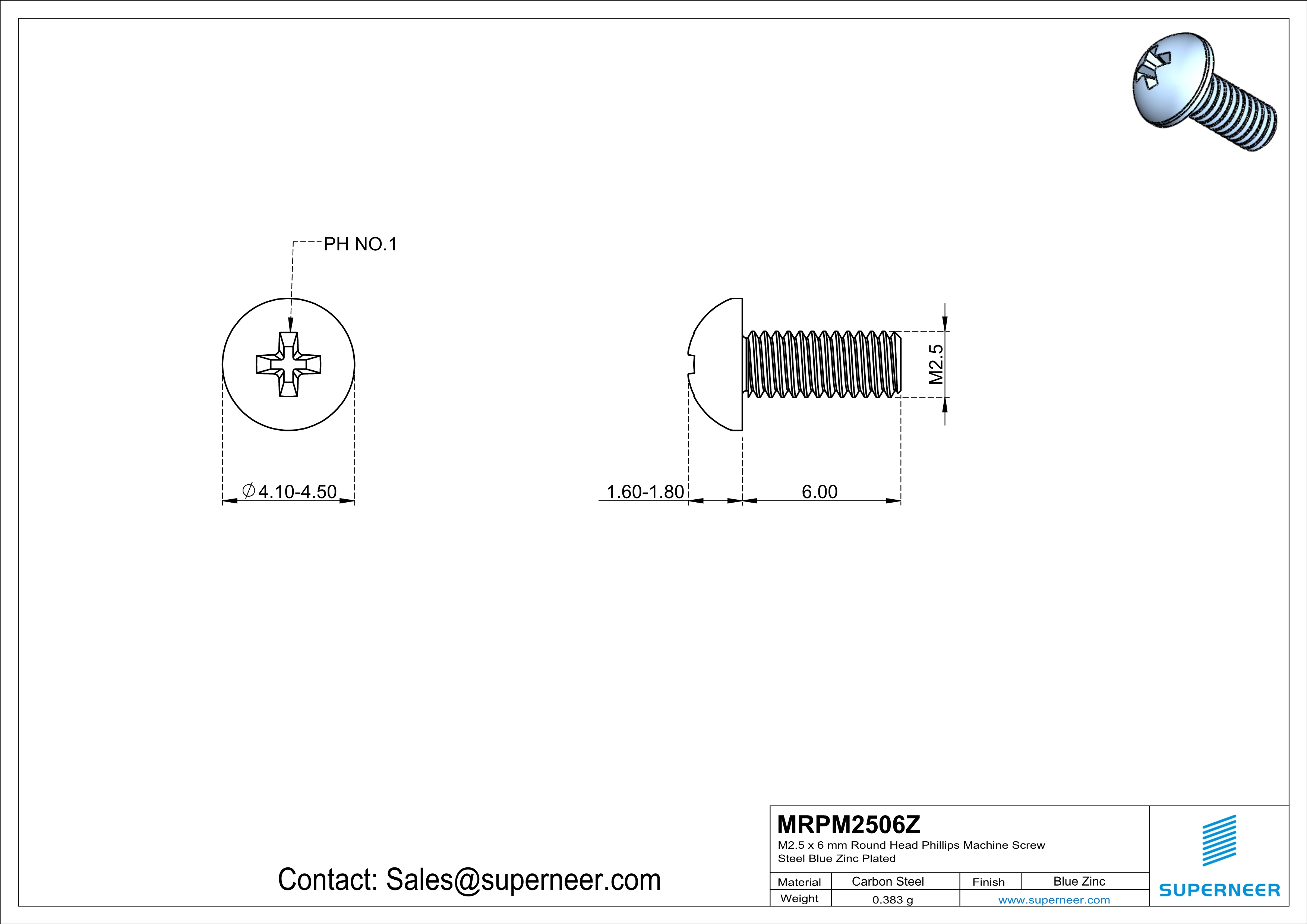 M2.5 x 6 mm Round Head Phillips Machine Screw Steel Blue Zinc Plated
