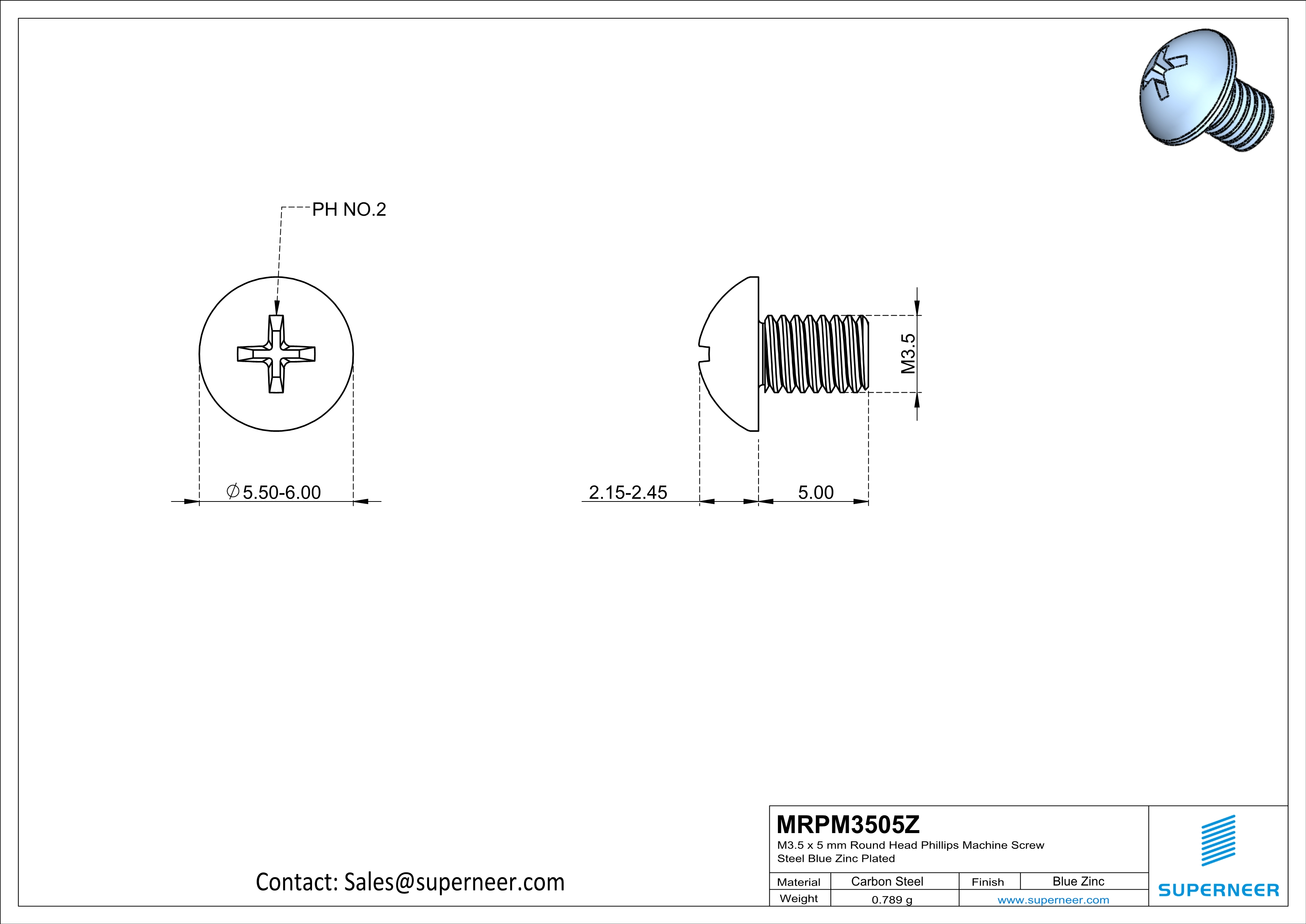 M3.5 x 5 mm Round Head Phillips Machine Screw Steel Blue Zinc Plated