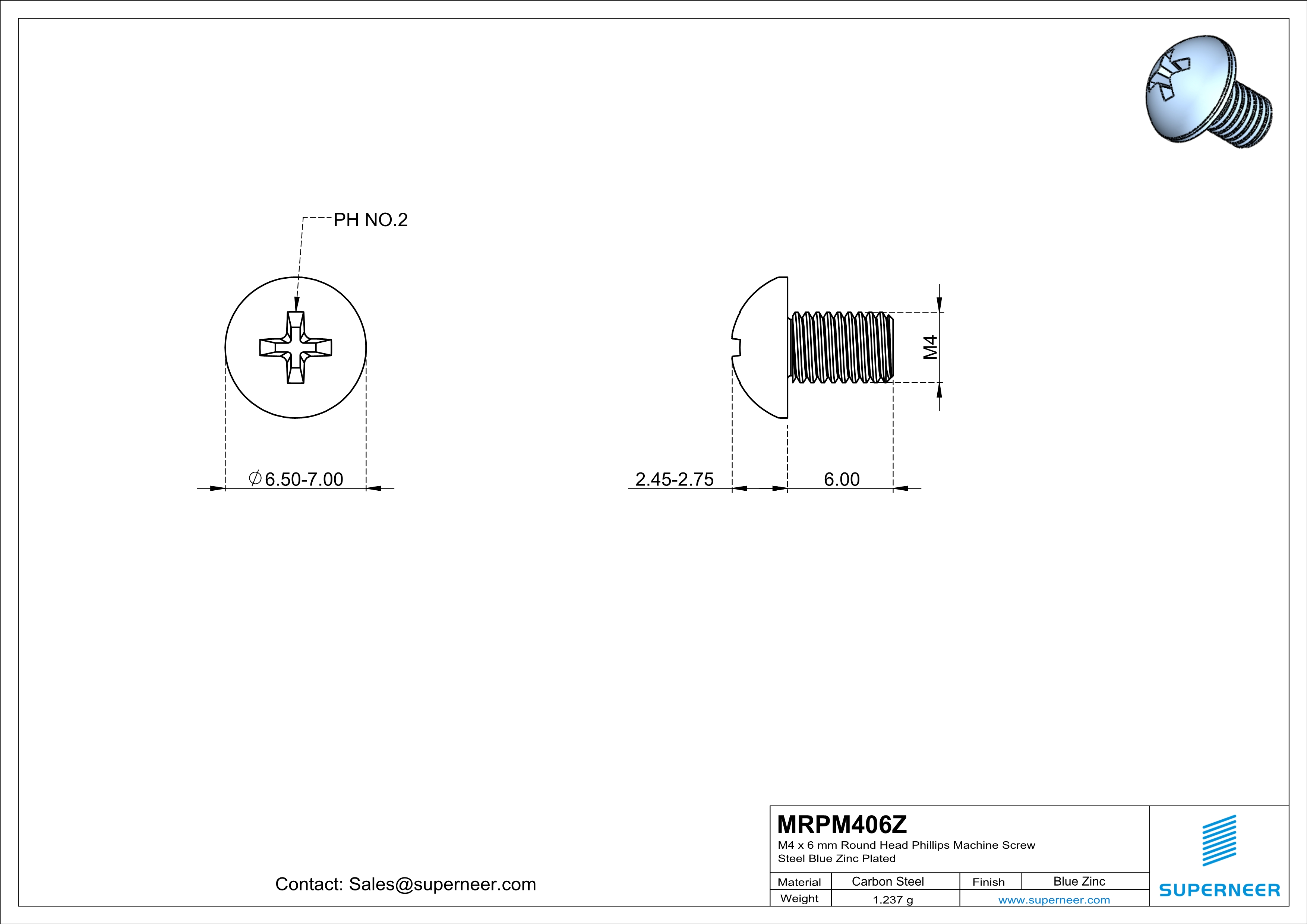 M4 x 6 mm Round Head Phillips Machine Screw Steel Blue Zinc Plated