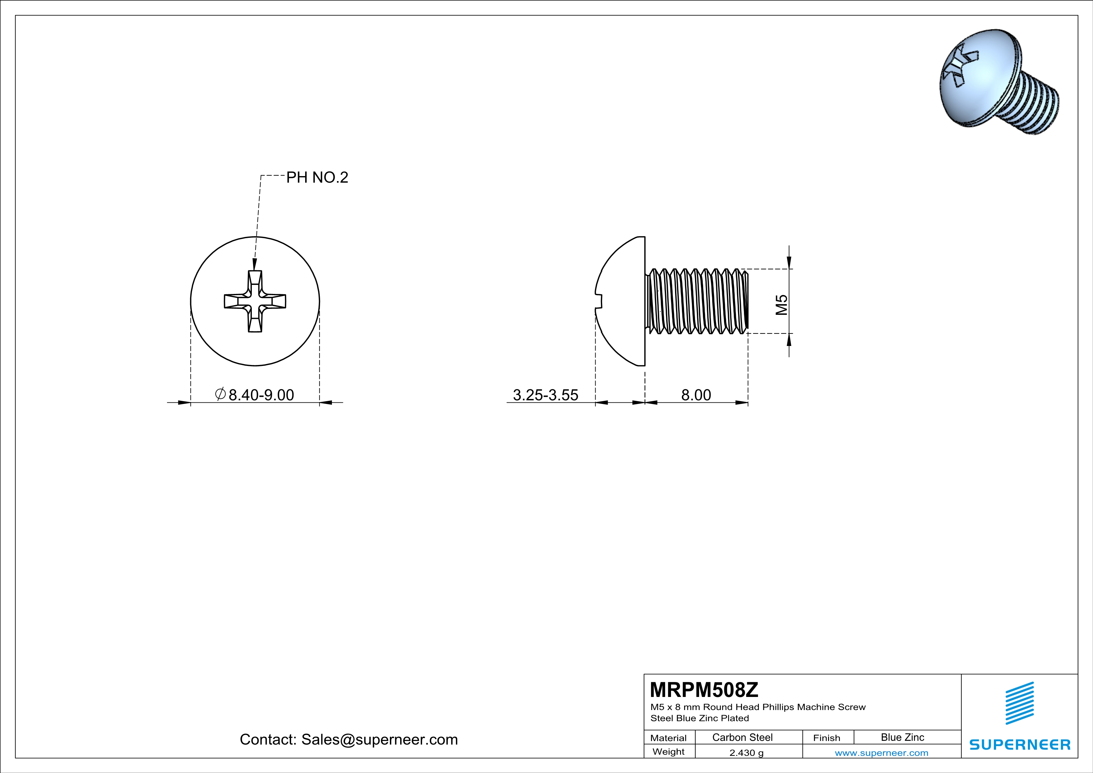 M5 x 8 mm Round Head Phillips Machine Screw Steel Blue Zinc Plated