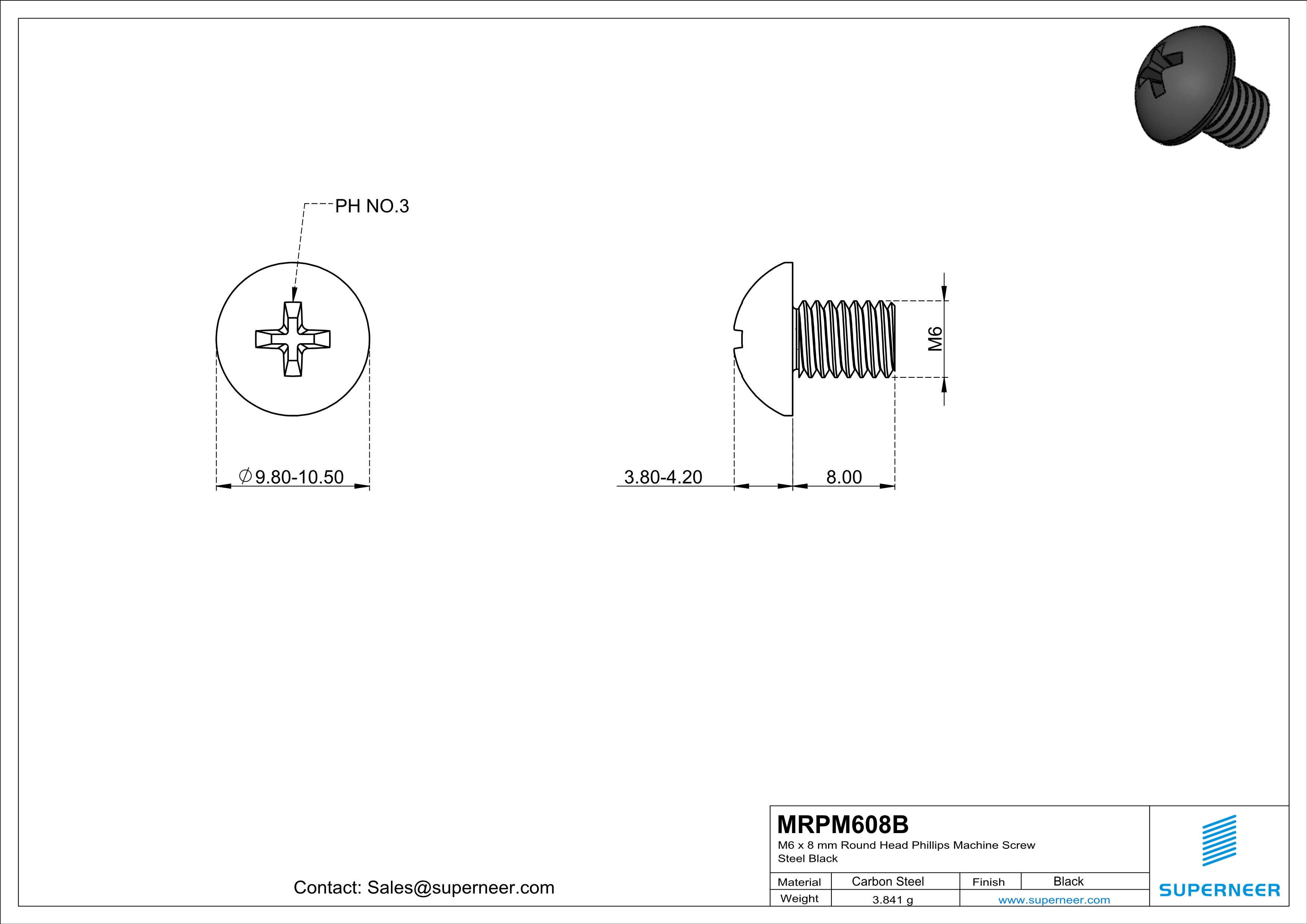 M6 x 8 mm Round Head Phillips Machine Screw Steel Black