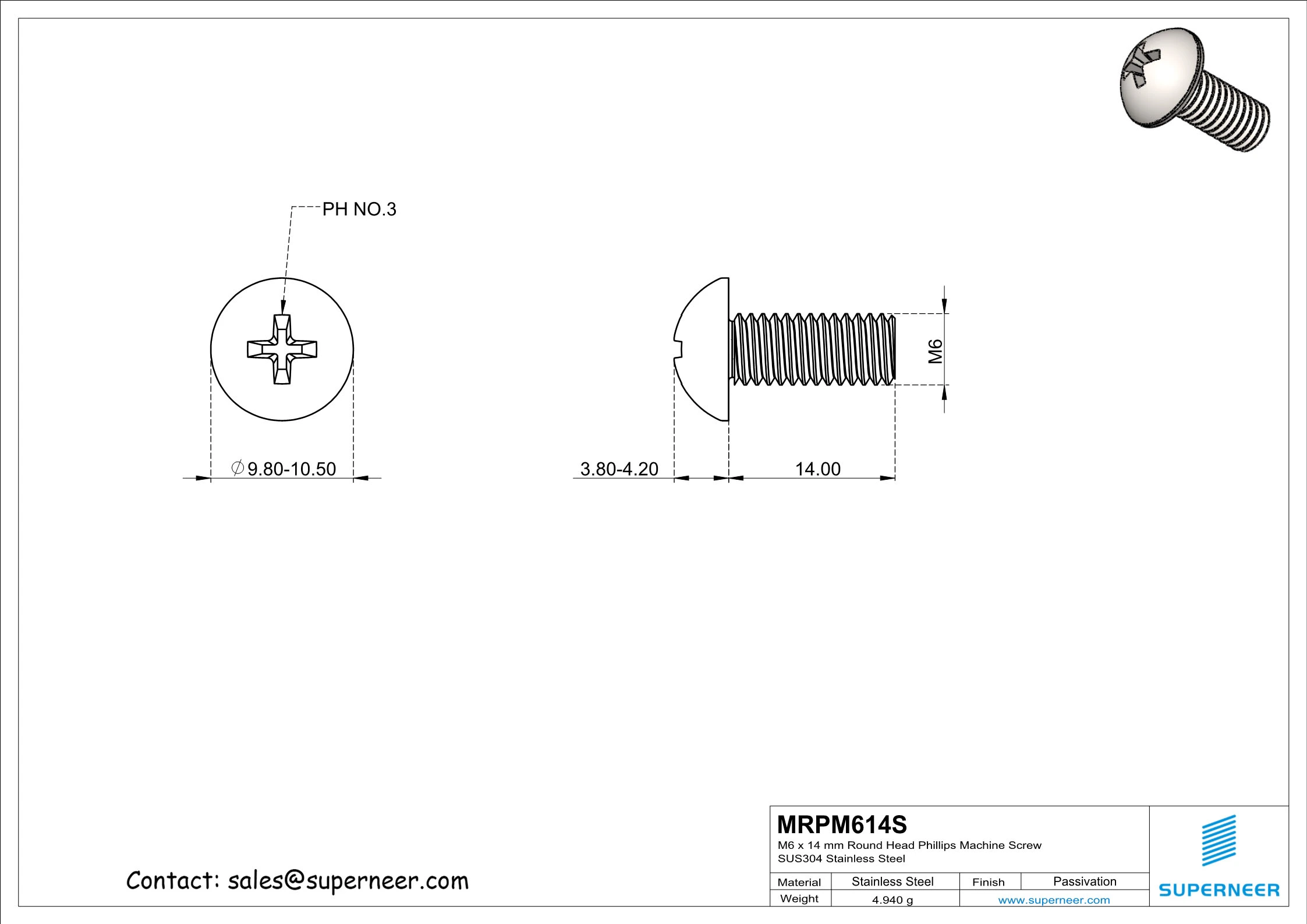 M6 x 14 mm Round Head Phillips Machine Screw SUS304 Stainless Steel Inox