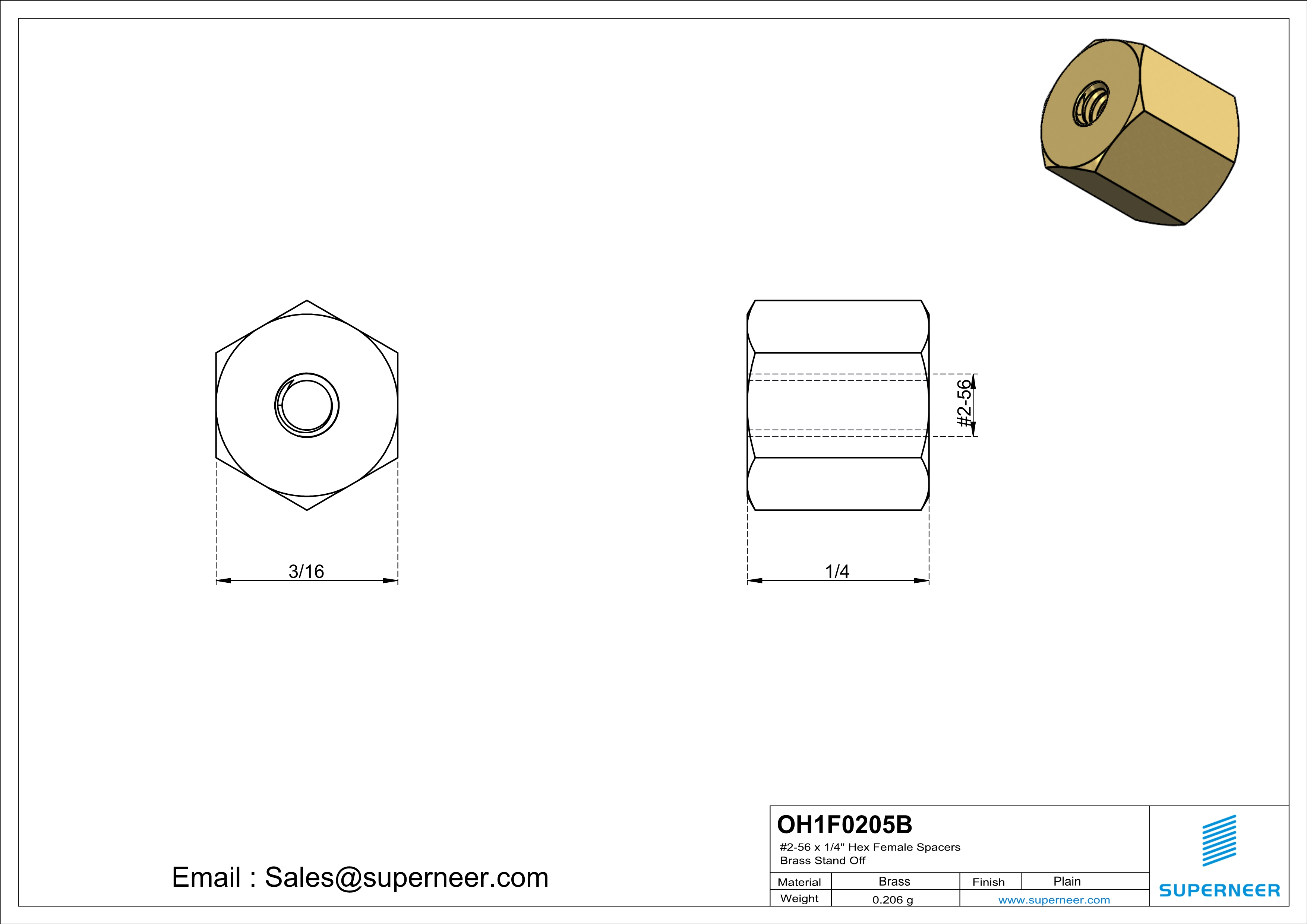 2-56 x 1/4" Hex Female Spacers Brass Stand Off  