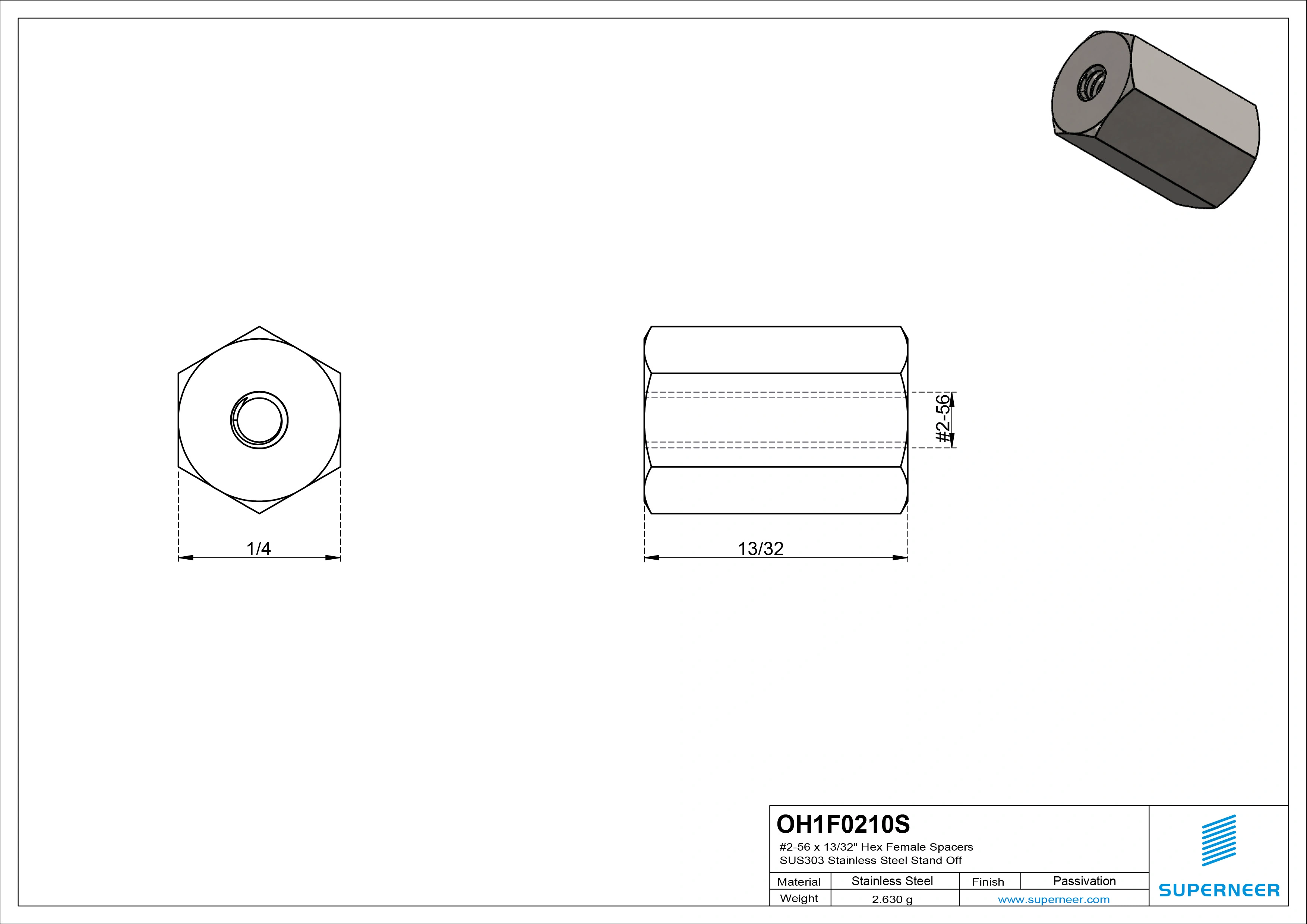 2-56 x 13/32" Hex Female Spacers SUS303 Stainless Steel Inox Stand Off 