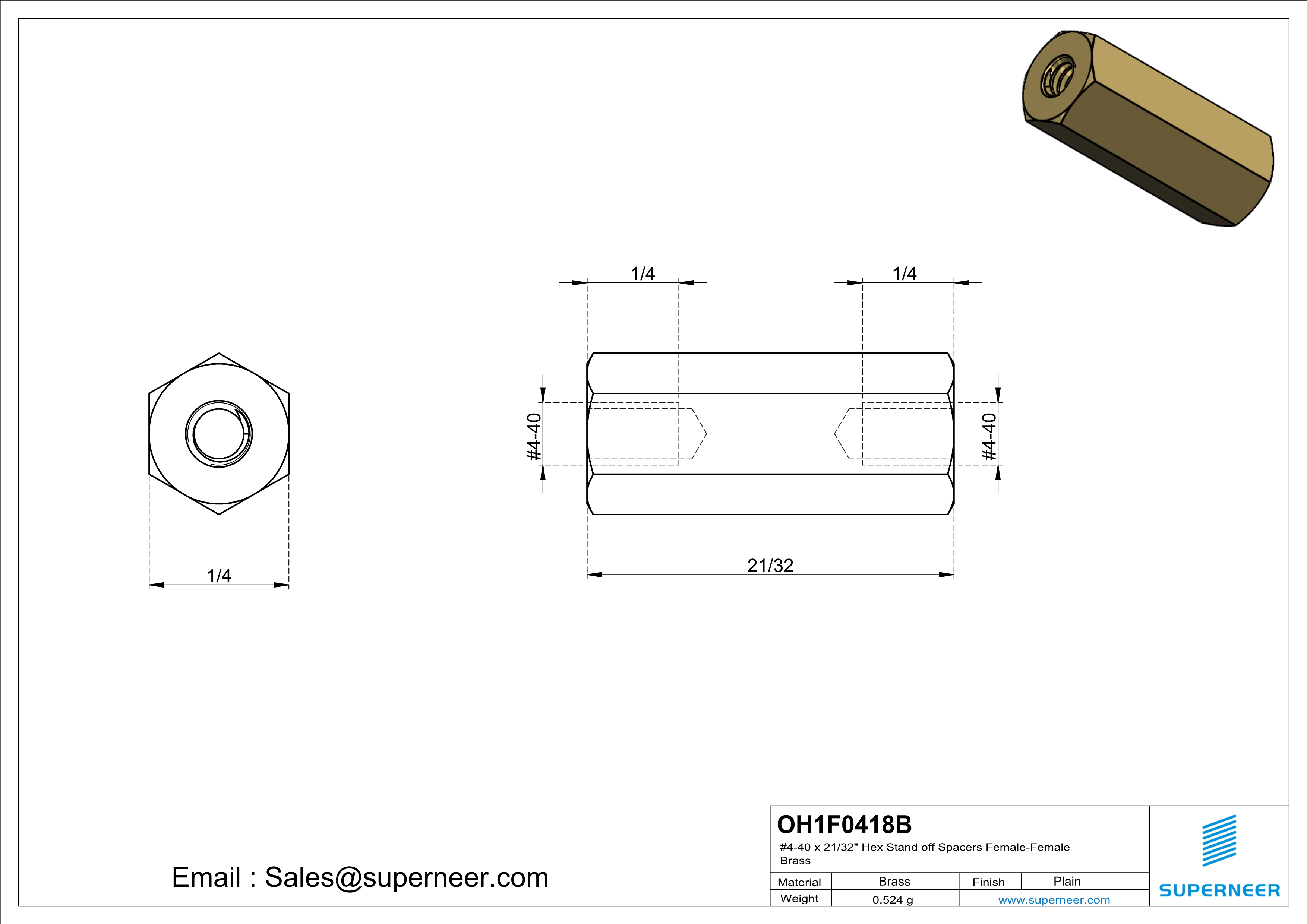 4-40 x 21/32" Hex Stand off Spacers Female-Female Brass  