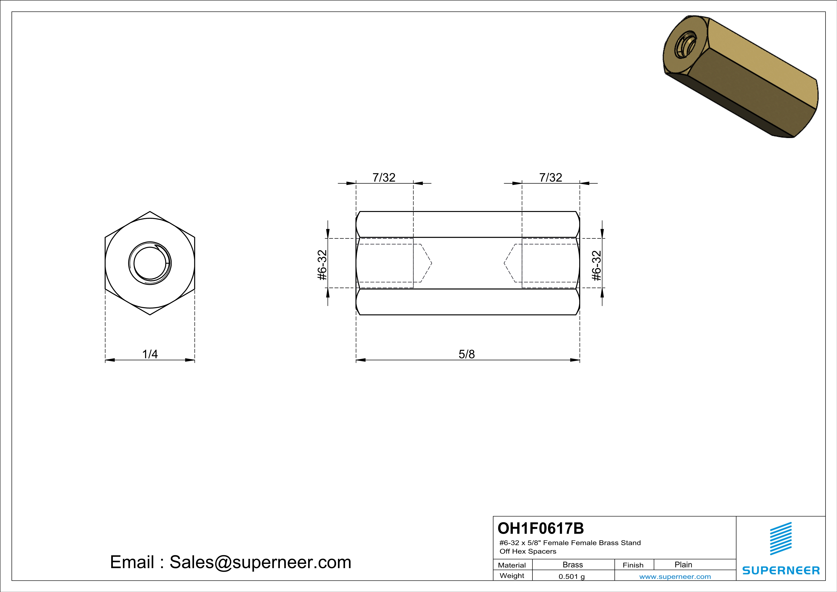 6-32 x 5/8" Female Female Brass Stand Off Hex Spacers 