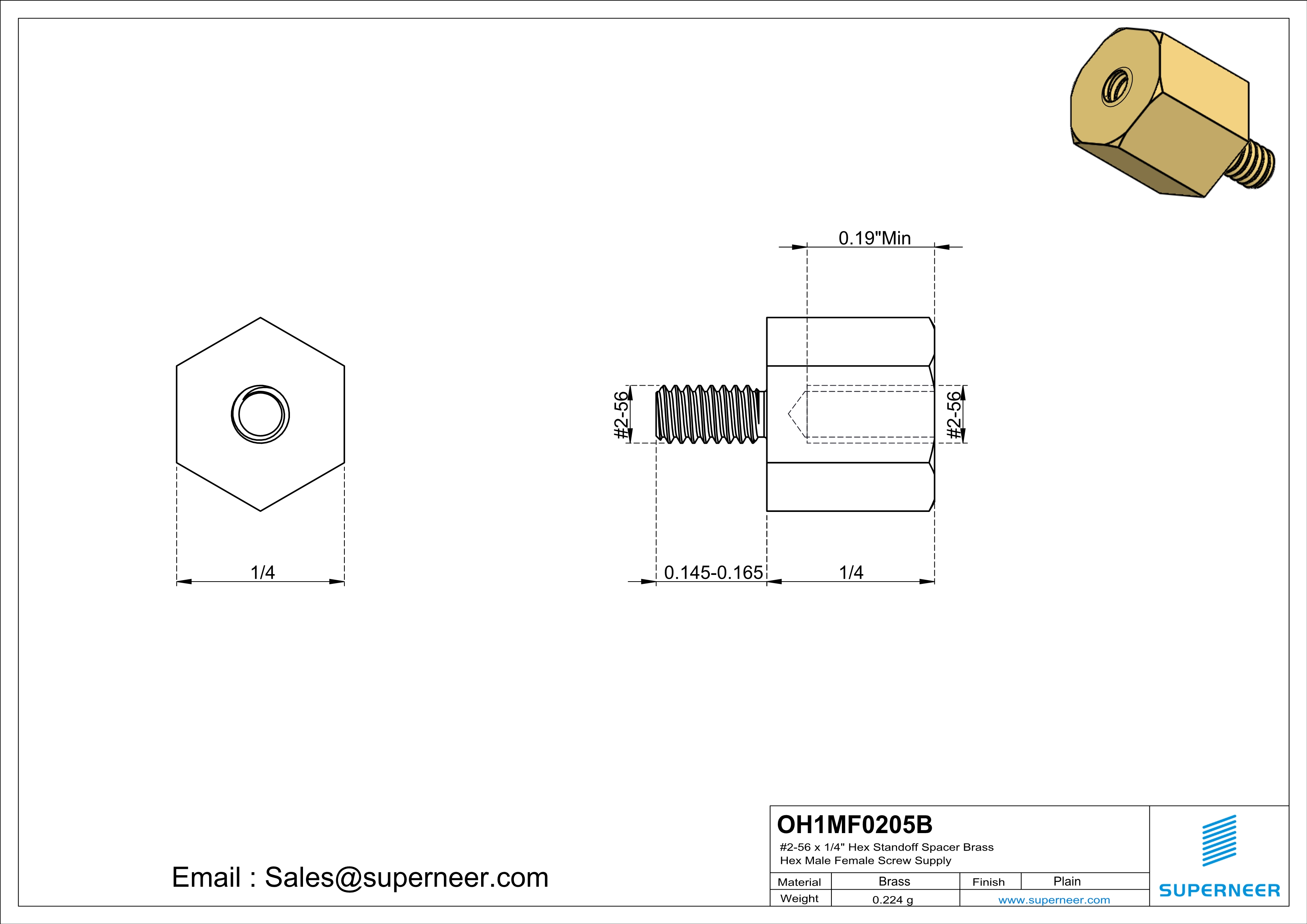 2-56 x 1/4" Hex Standoff Spacer Brass Hex Male Female Screw Supply