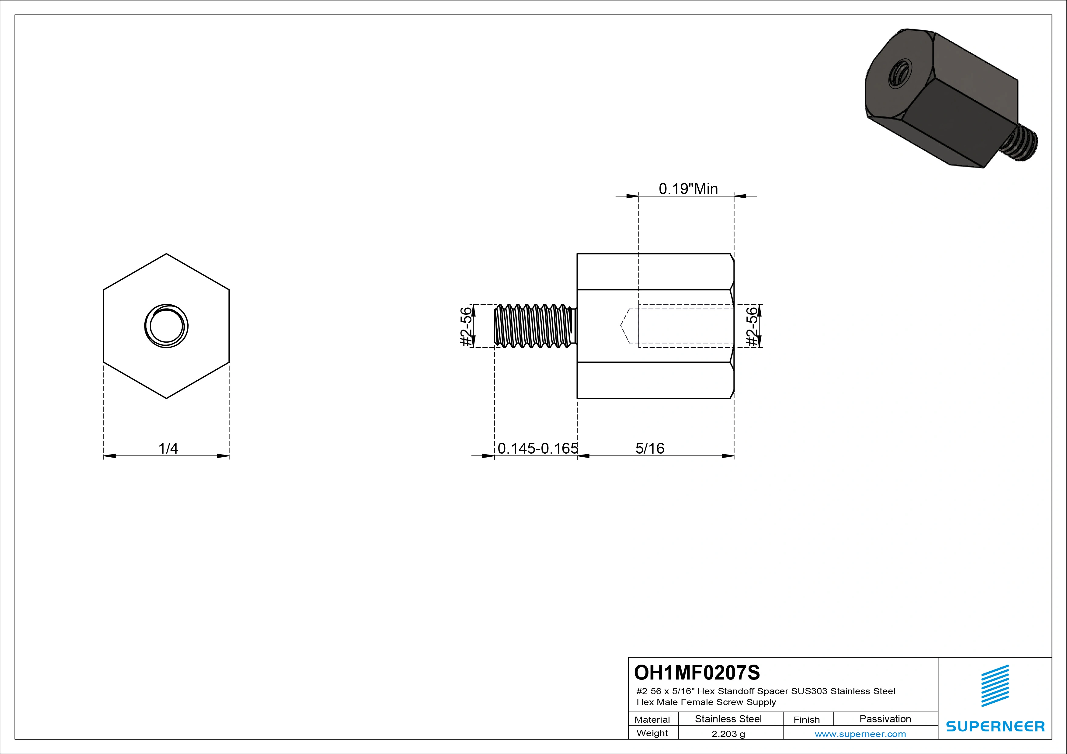 2-56 x 5/16" Hex Standoff Spacer SUS303 Stainless Steel Inox Hex Male Female Screw Supply