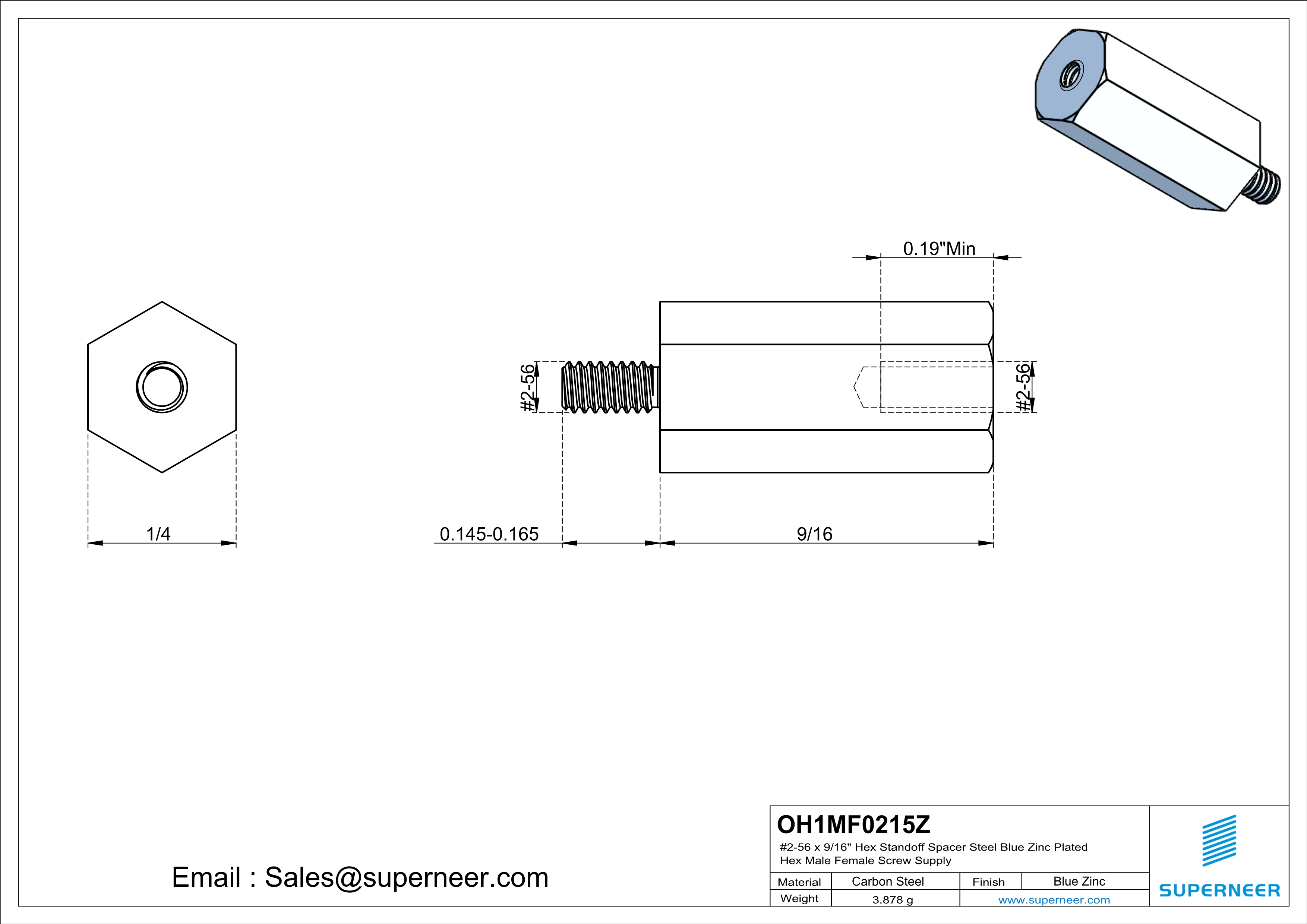 2-56 x 9/16" Hex Standoff Spacer Steel Blue Zinc Plated Hex Male Female Screw Supply