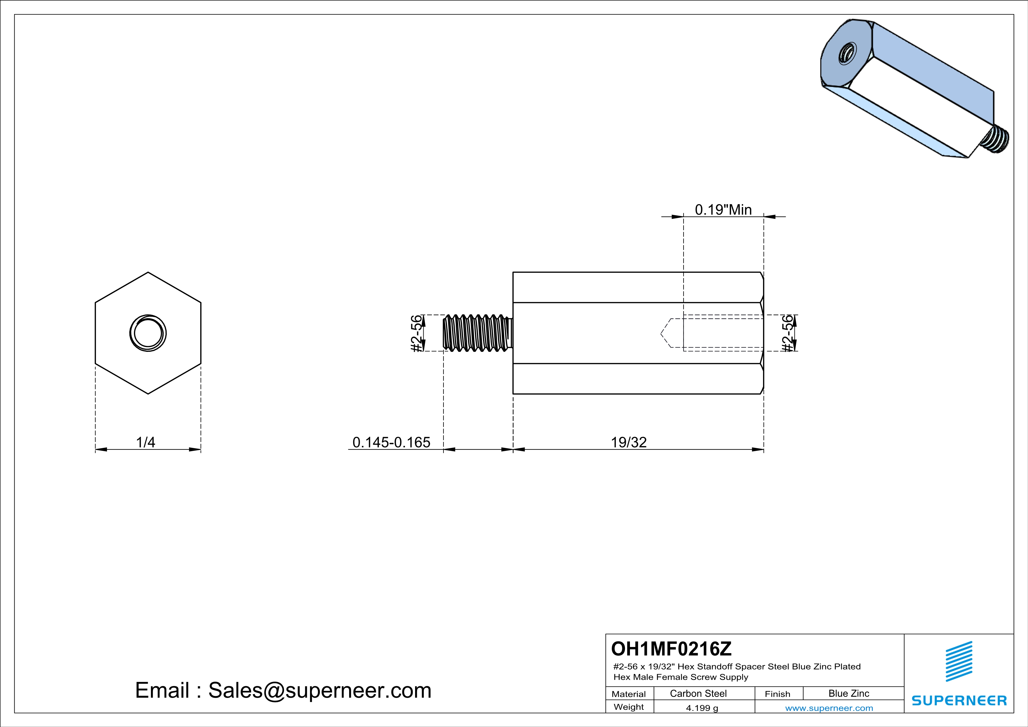 2-56 x 19/32" Hex Standoff Spacer Steel Blue Zinc Plated Hex Male Female Screw Supply