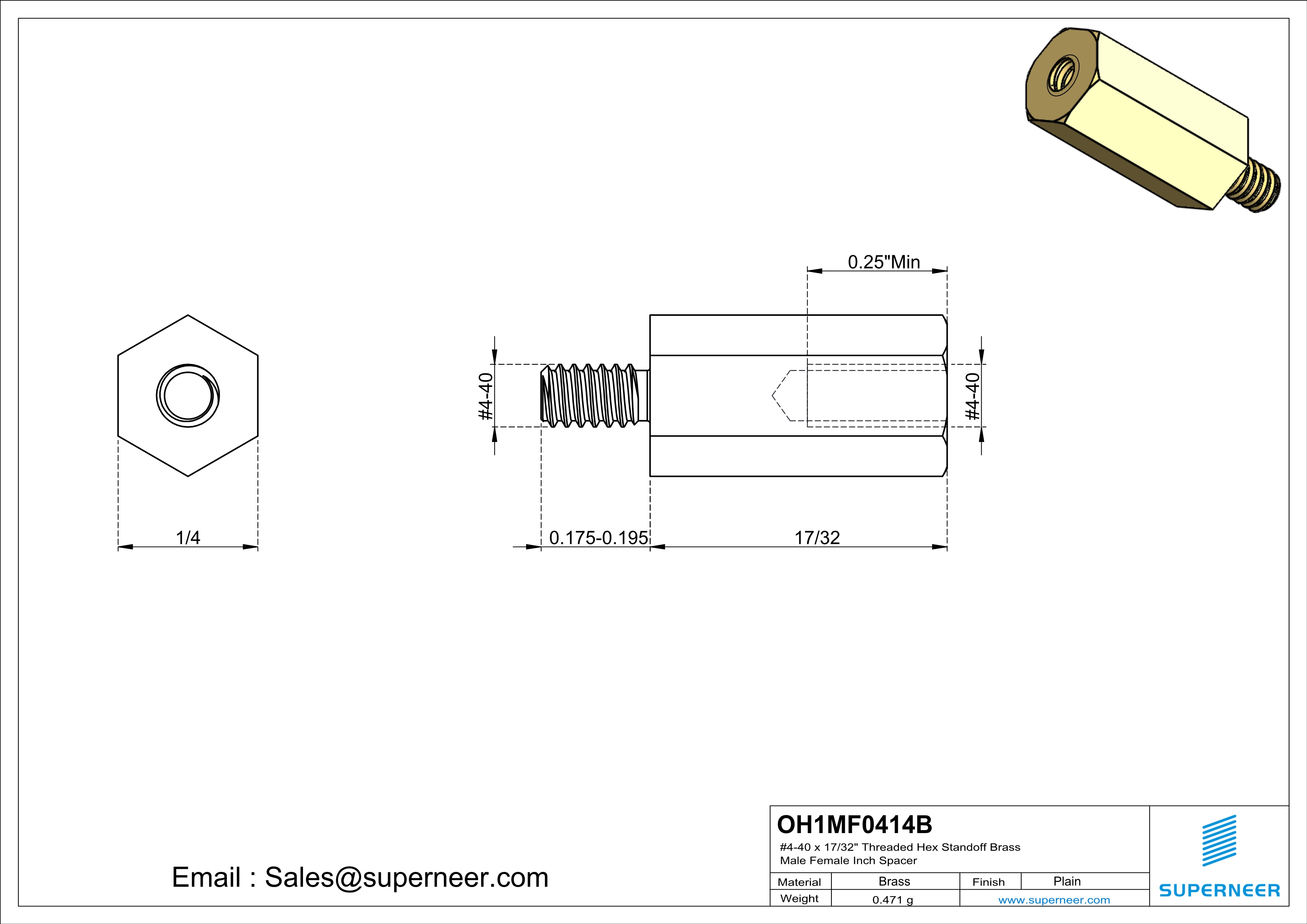 4-40 x 17/32" Threaded Hex Standoff Brass Male Female Inch Spacer 