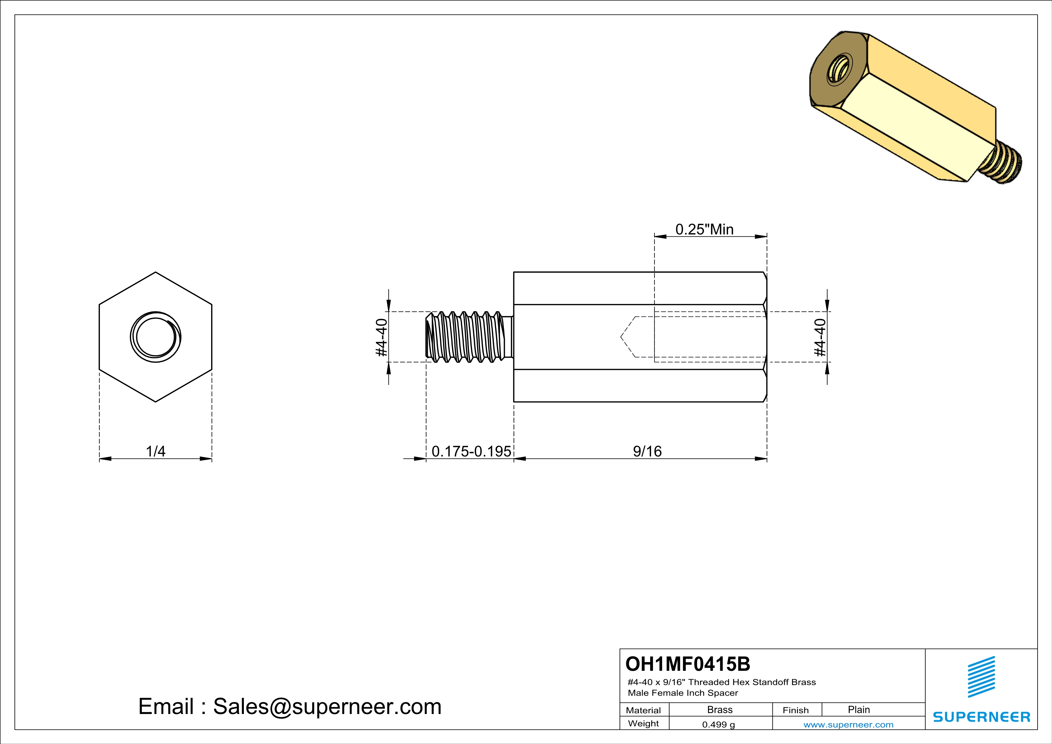 4-40 x 9/16" Threaded Hex Standoff Brass Male Female Inch Spacer 