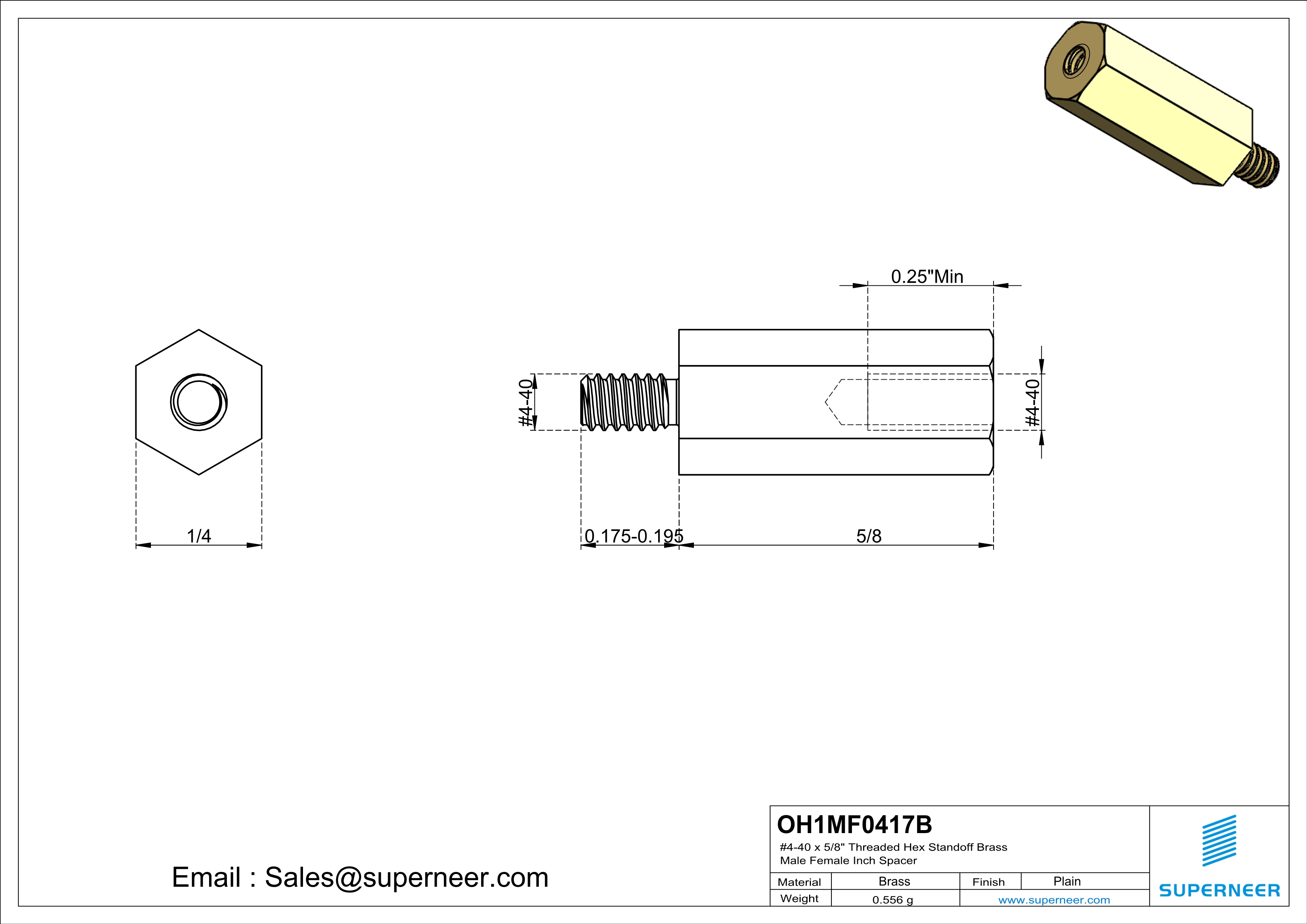 4-40 x 5/8" Threaded Hex Standoff Brass Male Female Inch Spacer 