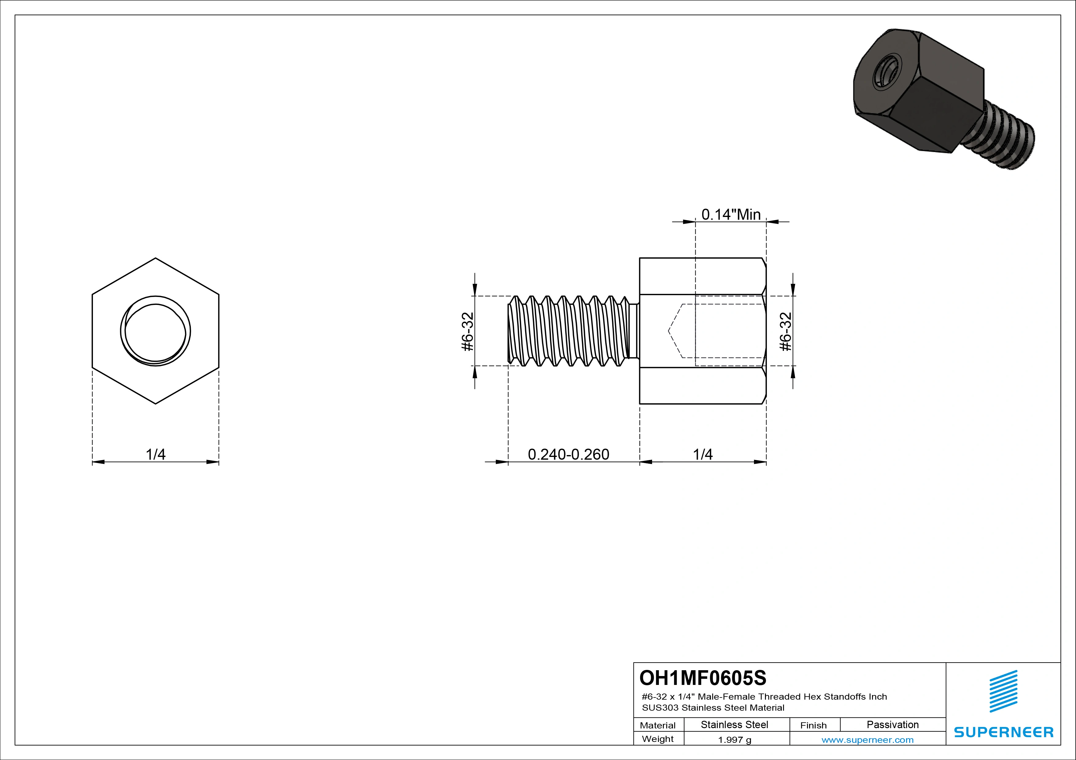 6-32 x 1/4" Male-Female Threaded Hex Standoffs Inch SUS303 Stainless Steel Inox Material