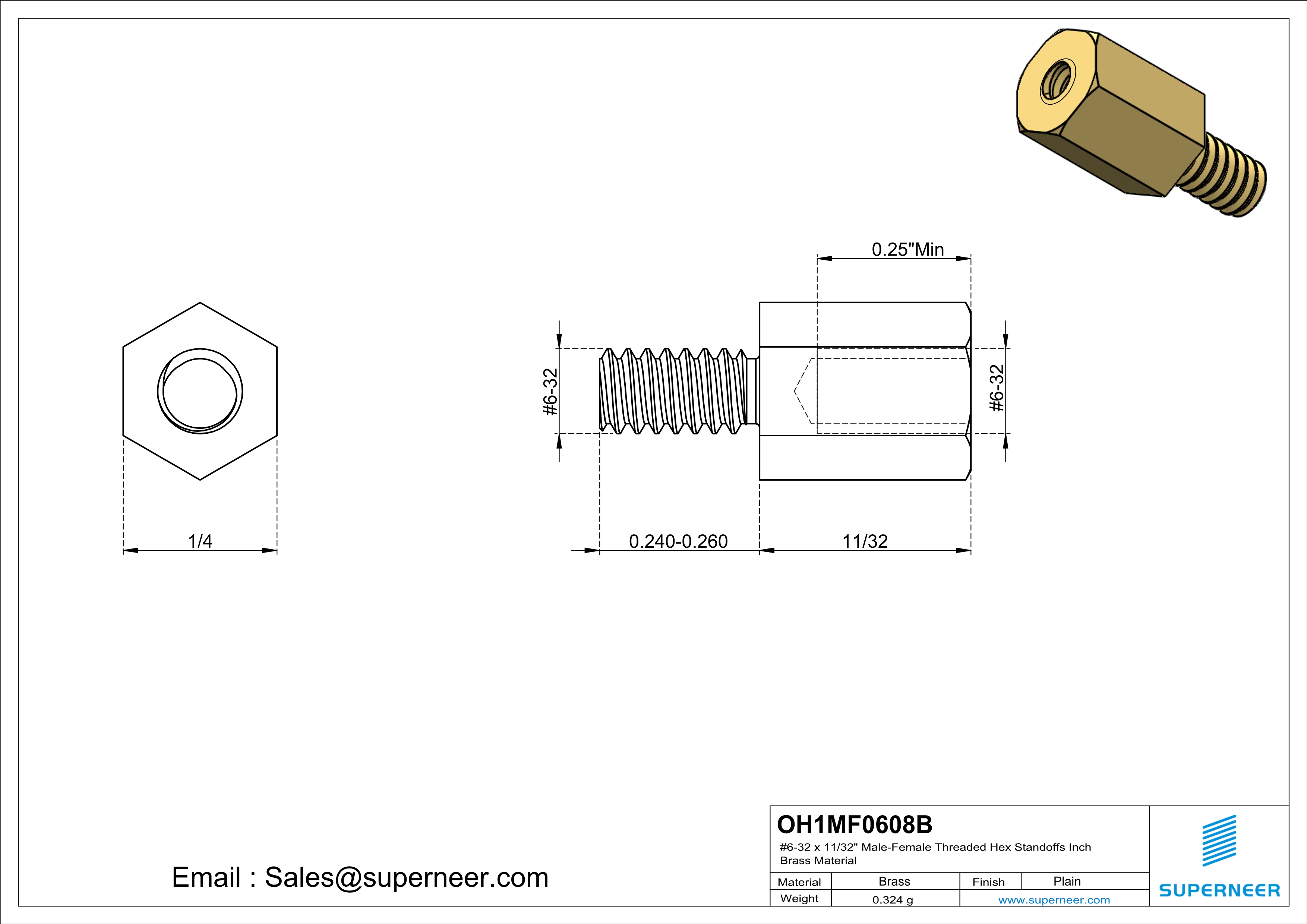 6-32 x 11/32" Male-Female Threaded Hex Standoffs Inch Brass Material