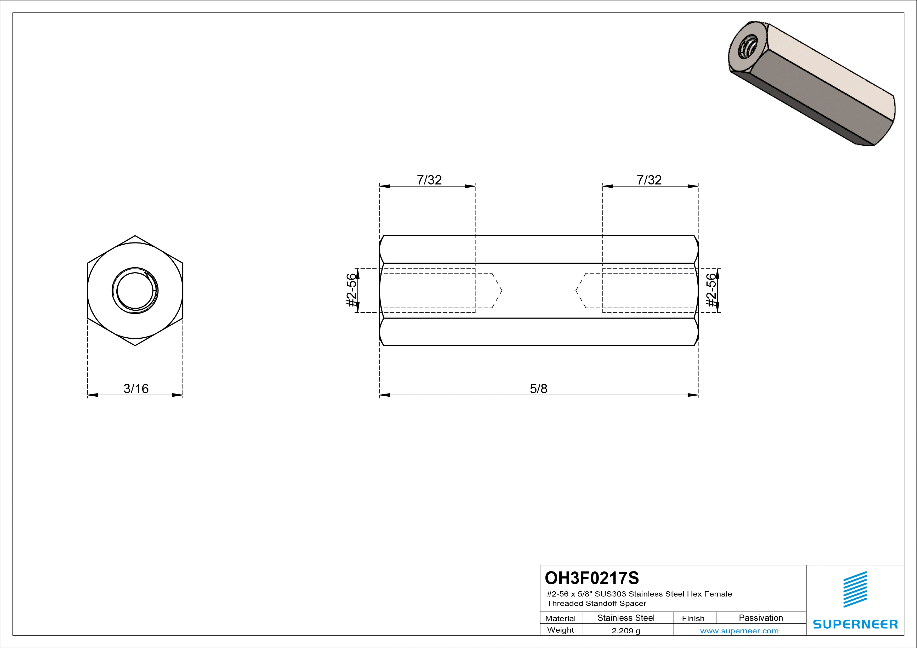 2-56 x 5/8" SUS303 Stainless Steel Inox Hex Female Threaded Standoff Spacer