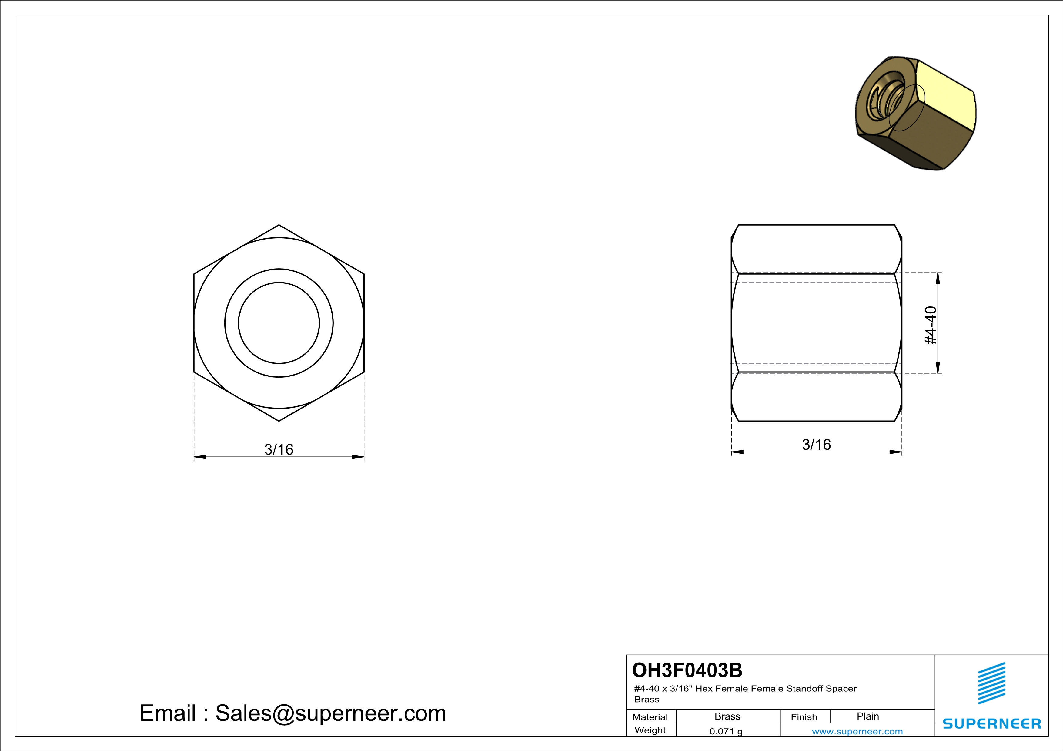 4-40 x 3/16" Hex Female Female Standoff Spacer Brass 