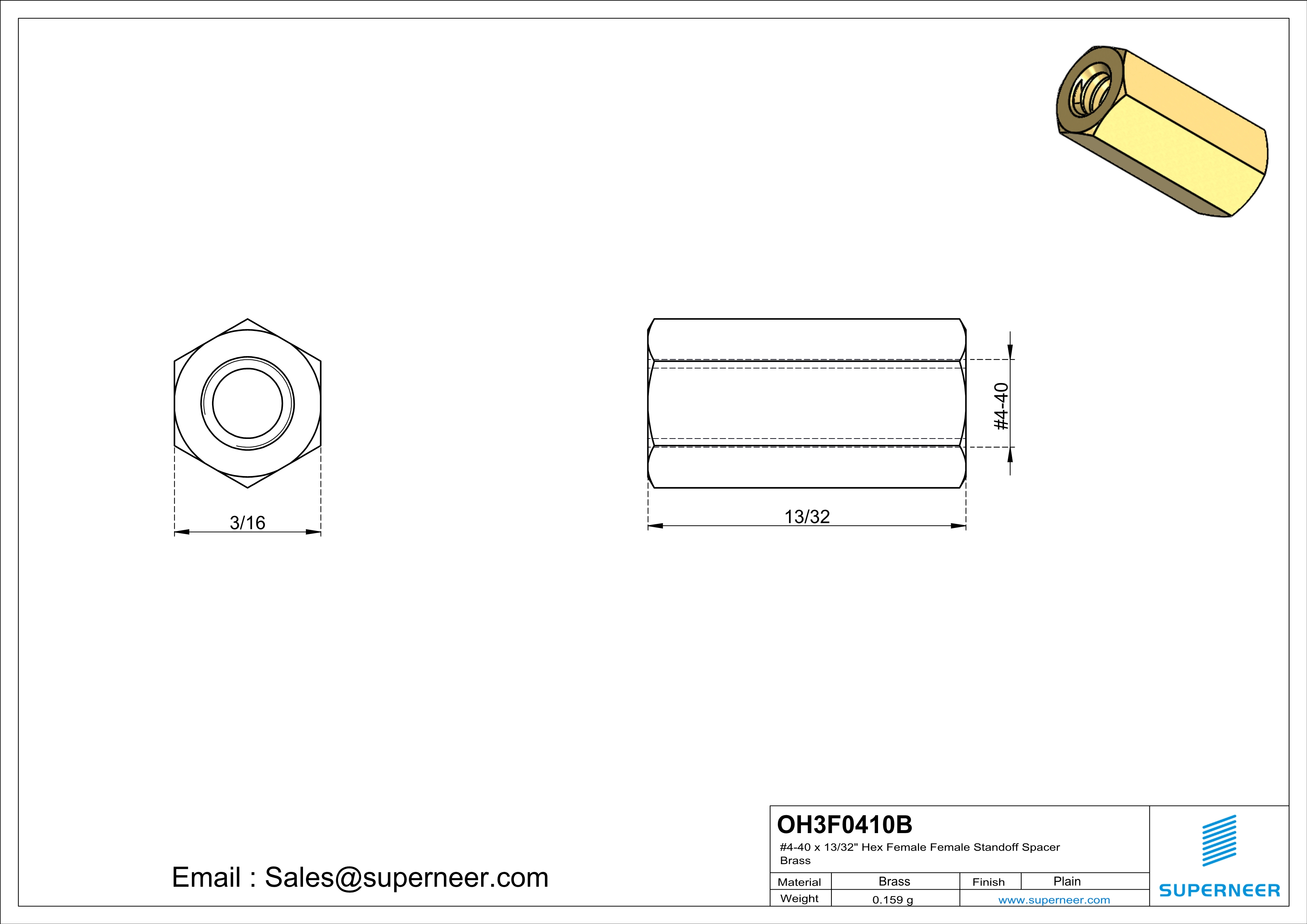 4-40 x 13/32" Hex Female Female Standoff Spacer Brass 