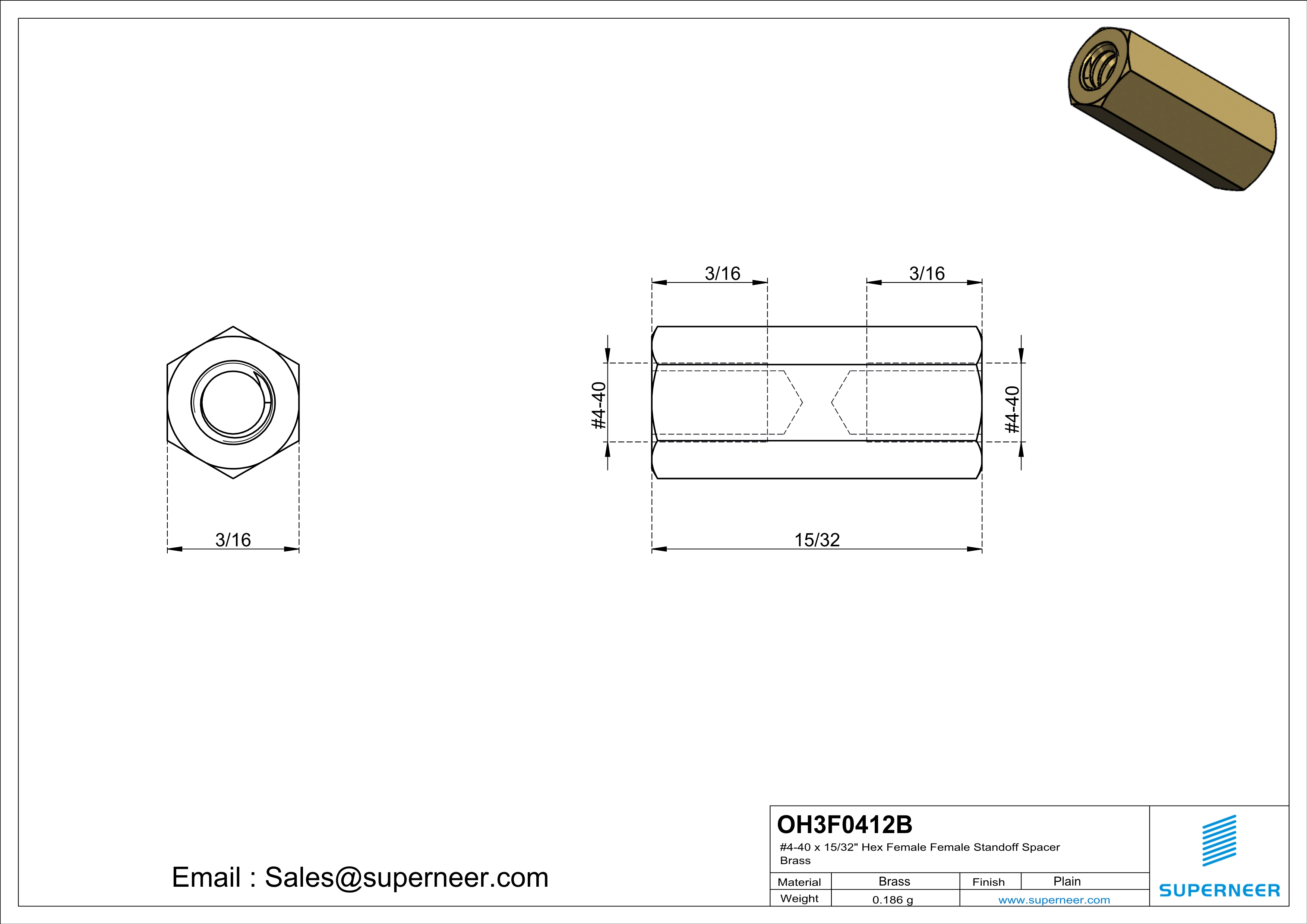 4-40 x 15/32" Hex Female Female Standoff Spacer Brass 
