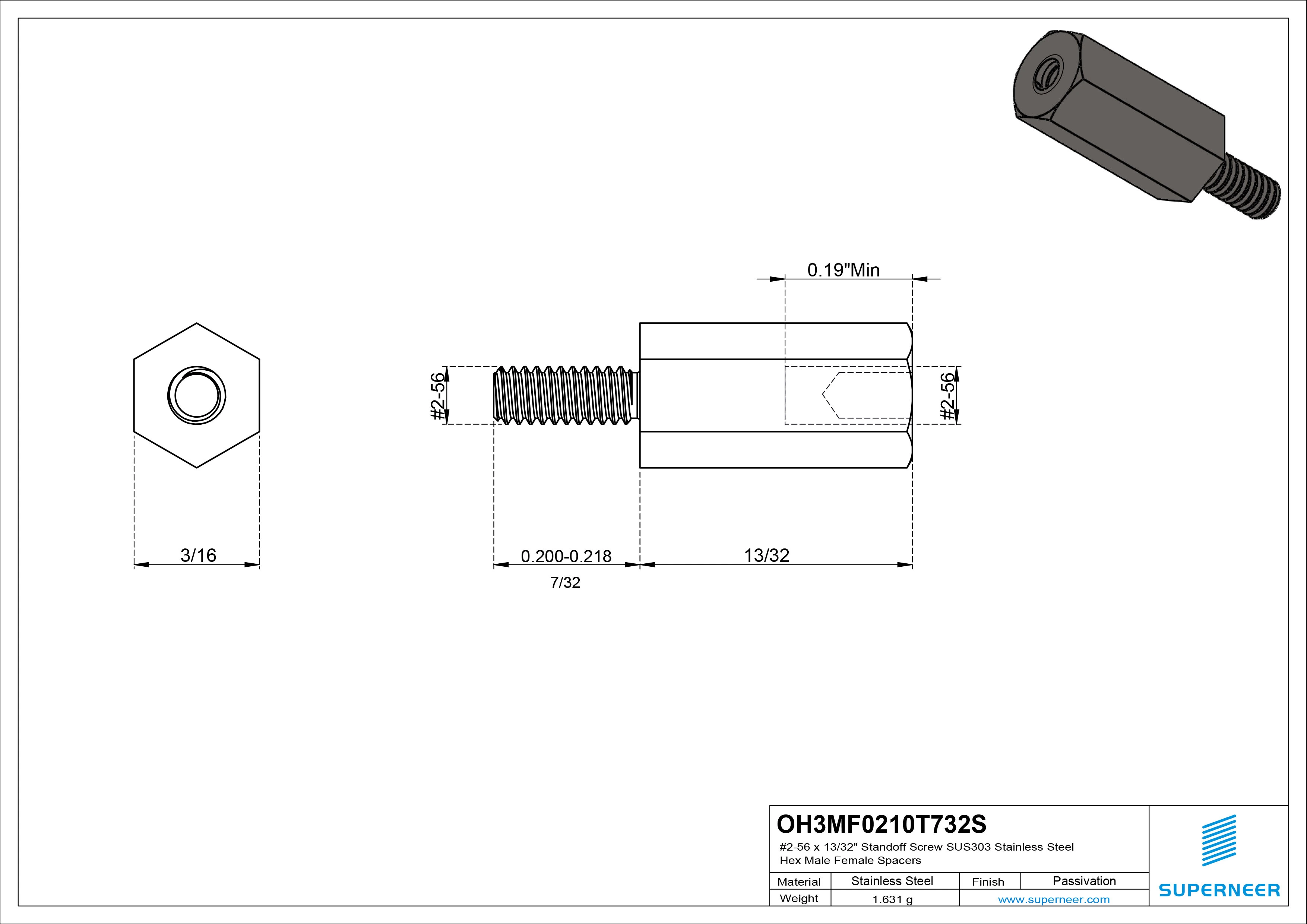 2-56 x 13/32" Standoff Screw with 7/32" Outer Thread Length SUS303 Stainless Steel Inox Hex Male Female Spacers 