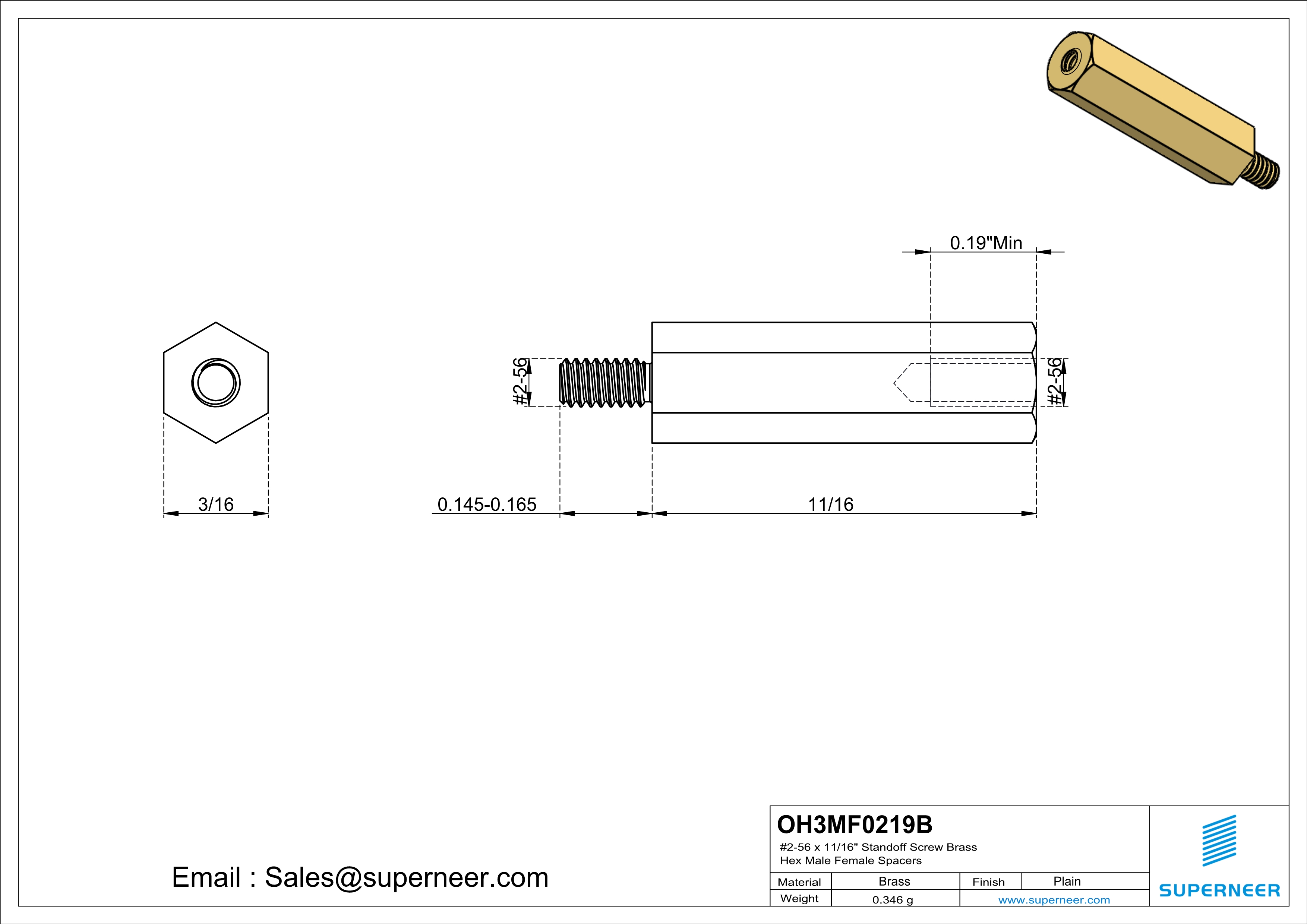 2-56 x 11/16" Standoff Screw Brass Hex Male Female Spacers 