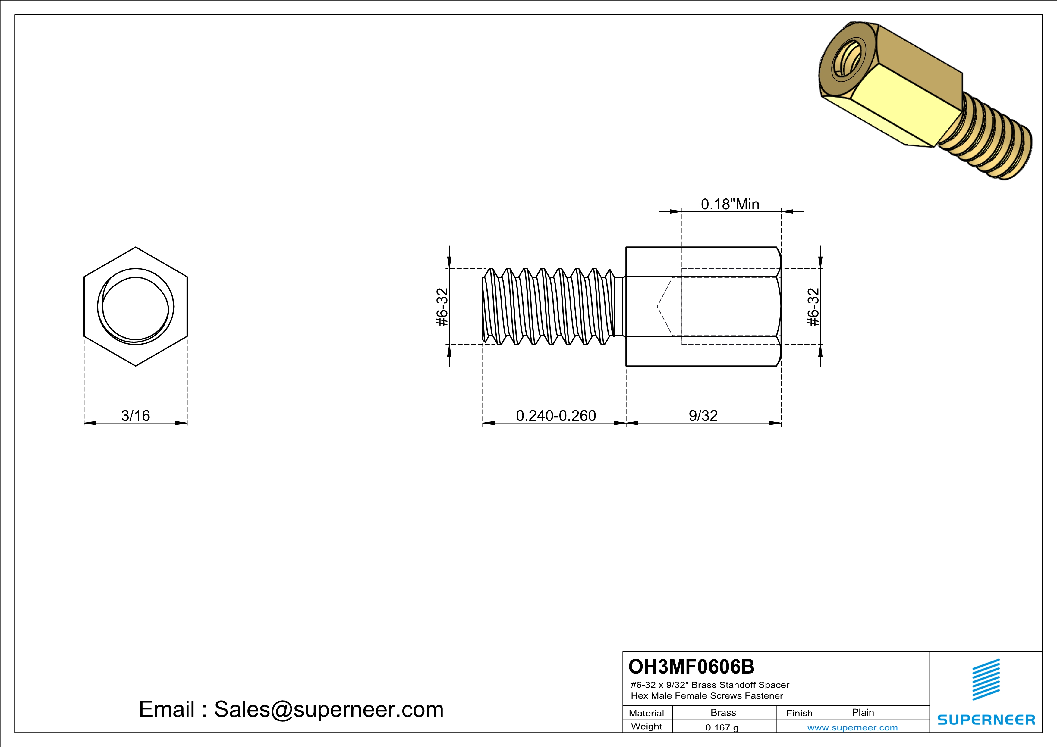 6-32 x 9/32" Brass Standoff Spacer Hex Male Female Screws Fastener