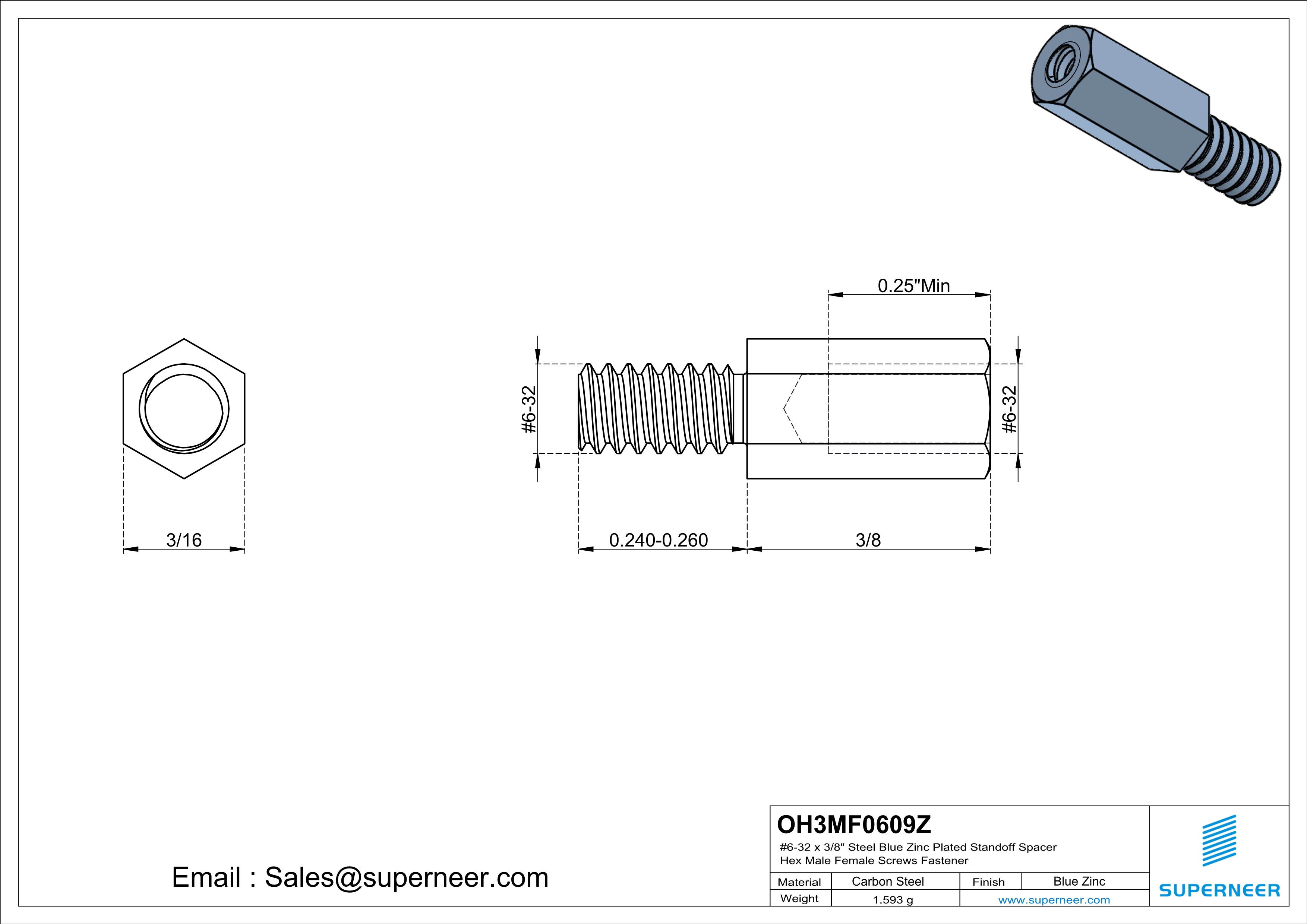 6-32 x 3/8" Steel Blue Zinc Plated Standoff Spacer Hex Male Female Screws Fastener