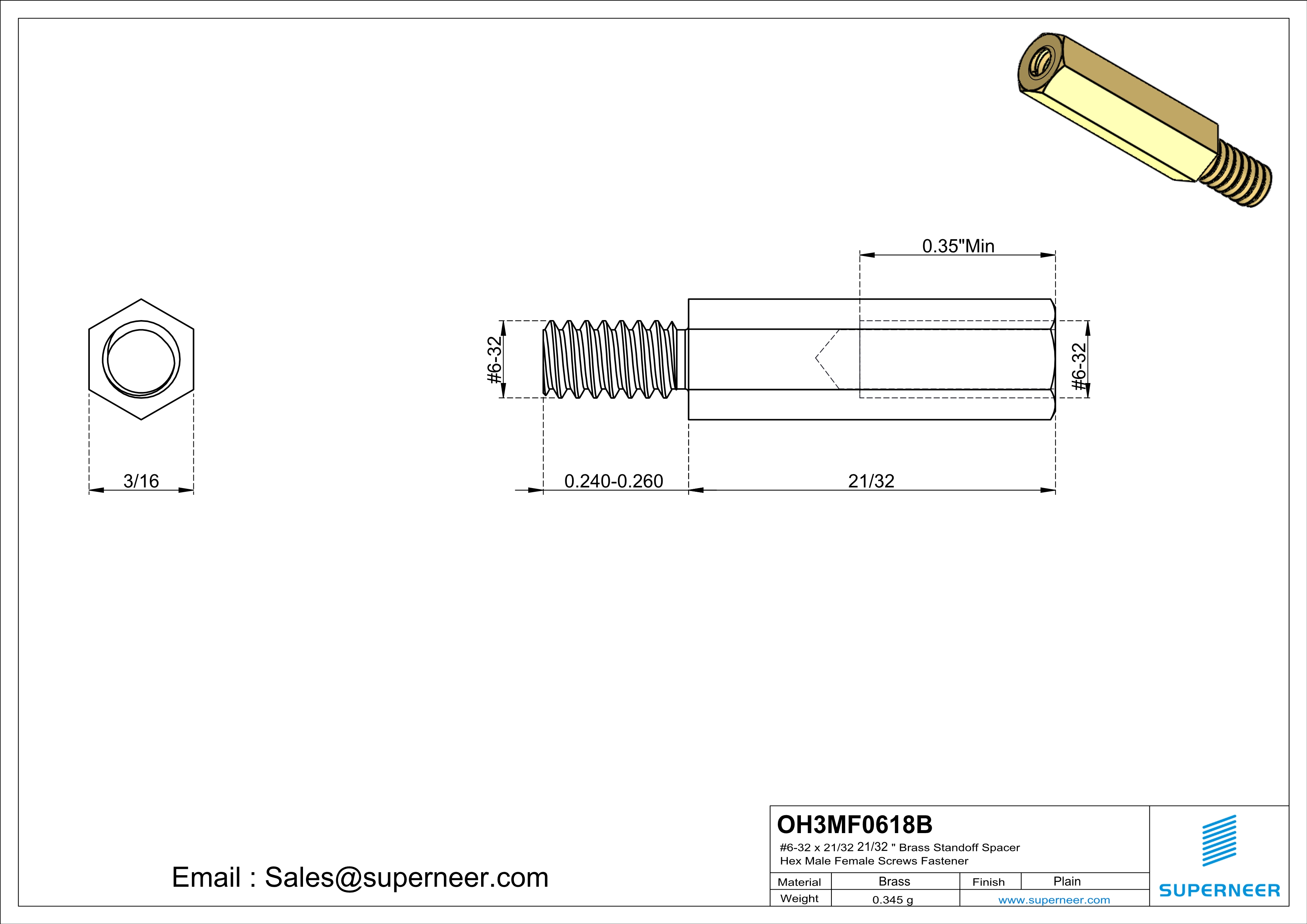 6-32 x 21/32" Brass Standoff Spacer Hex Male Female Screws Fastener