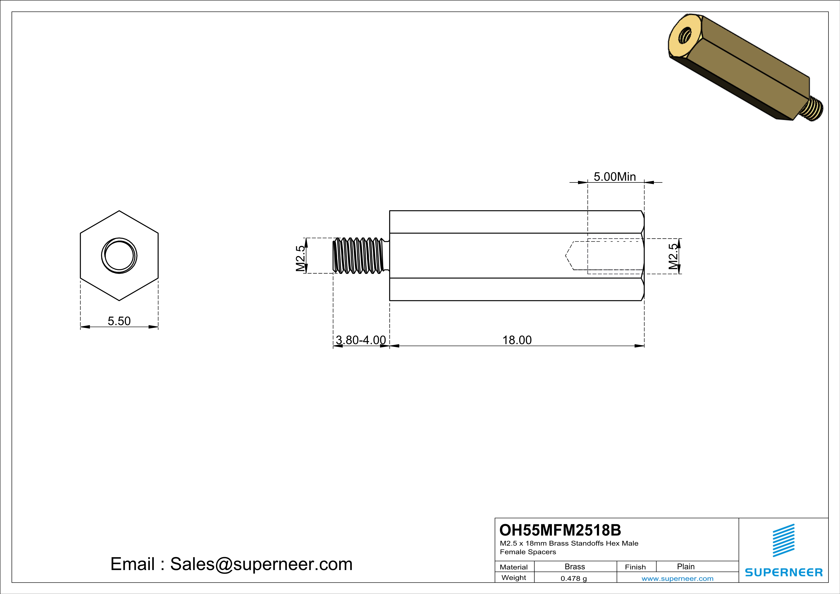 M2.5 x 18mm Brass Standoffs Hex Male Female Spacers
