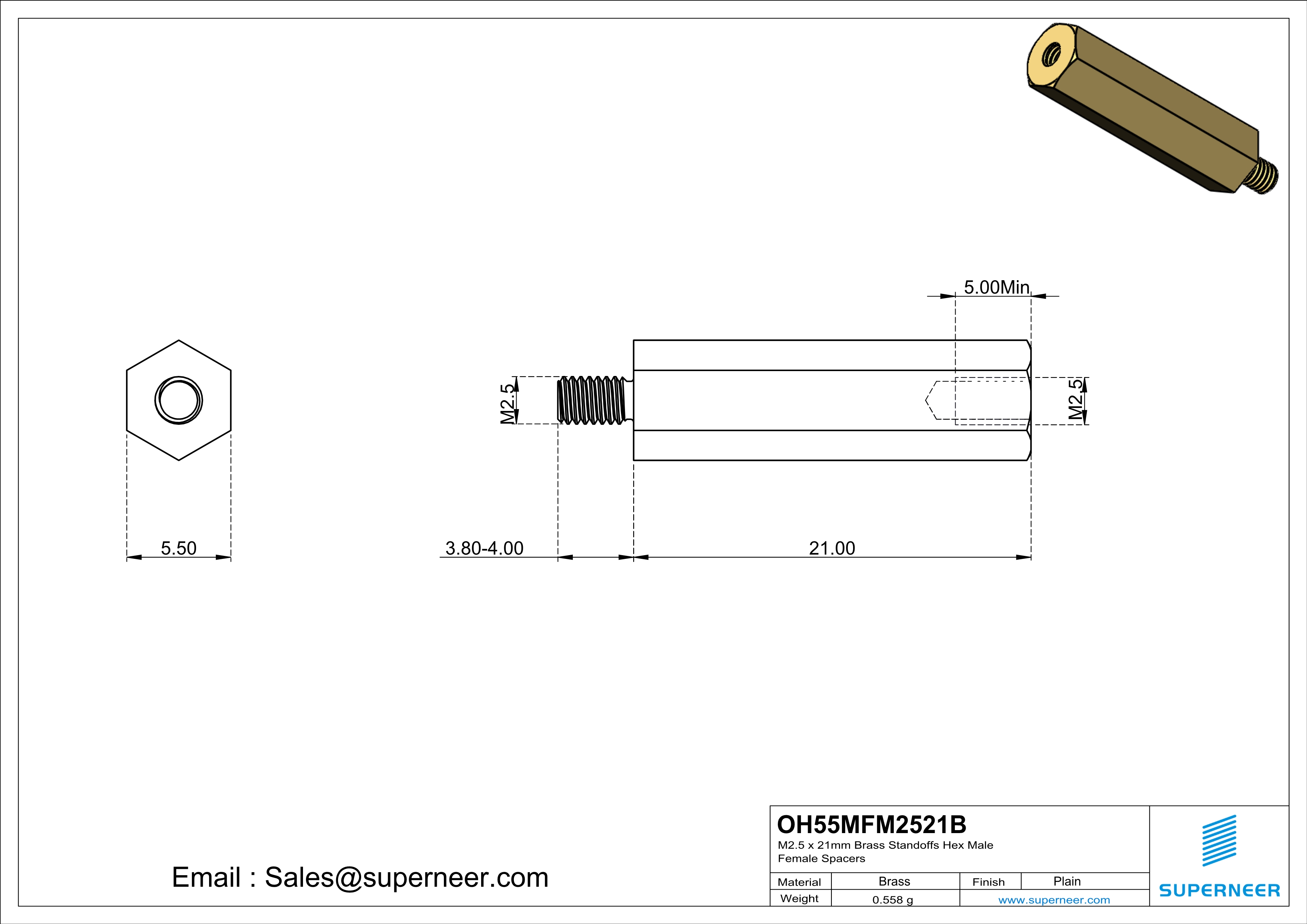 M2.5 x 21mm Brass Standoffs Hex Male Female Spacers