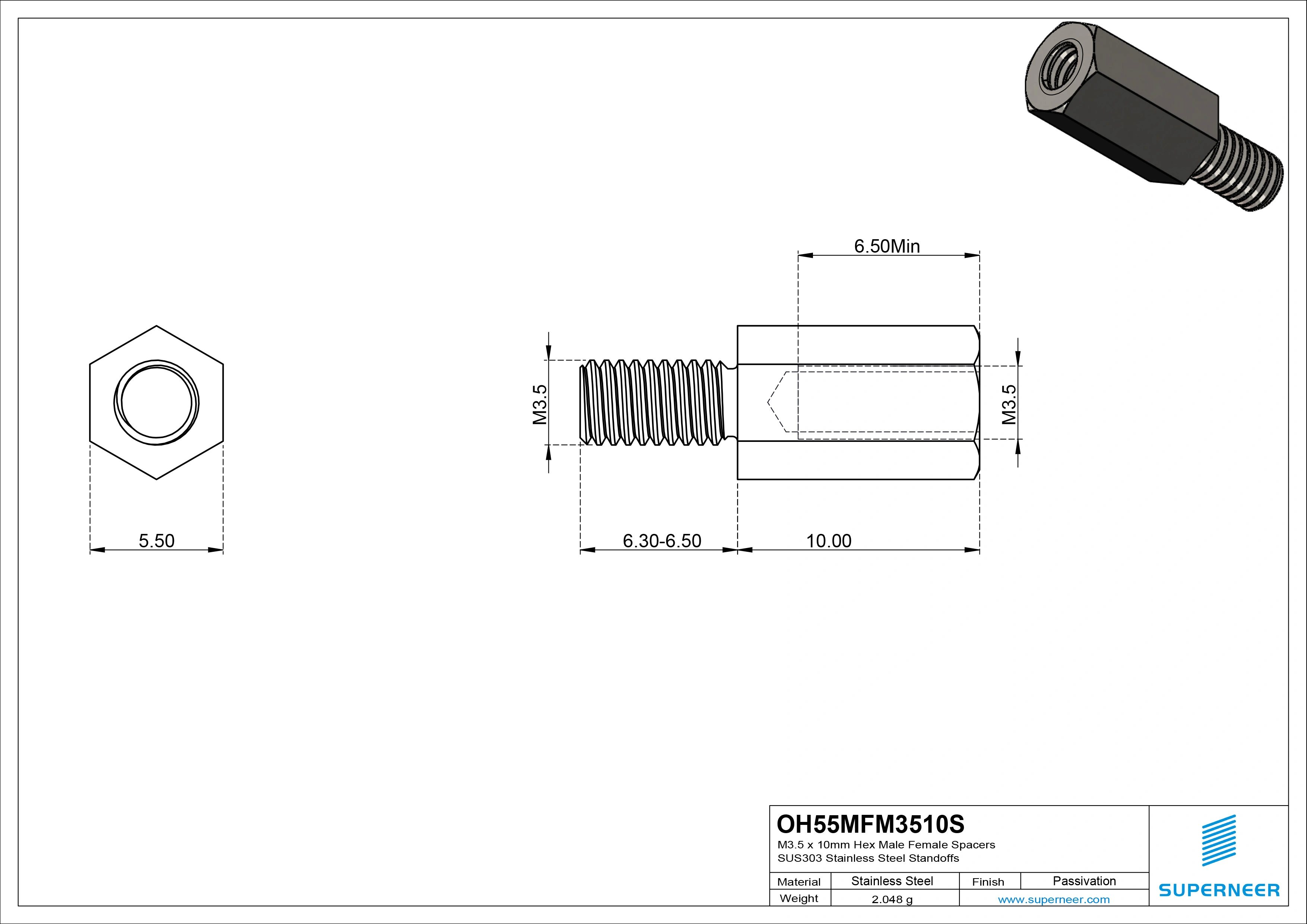 M3.5 x 10mm Hex Male Female Spacers SUS303 Stainless Steel Inox Standoffs