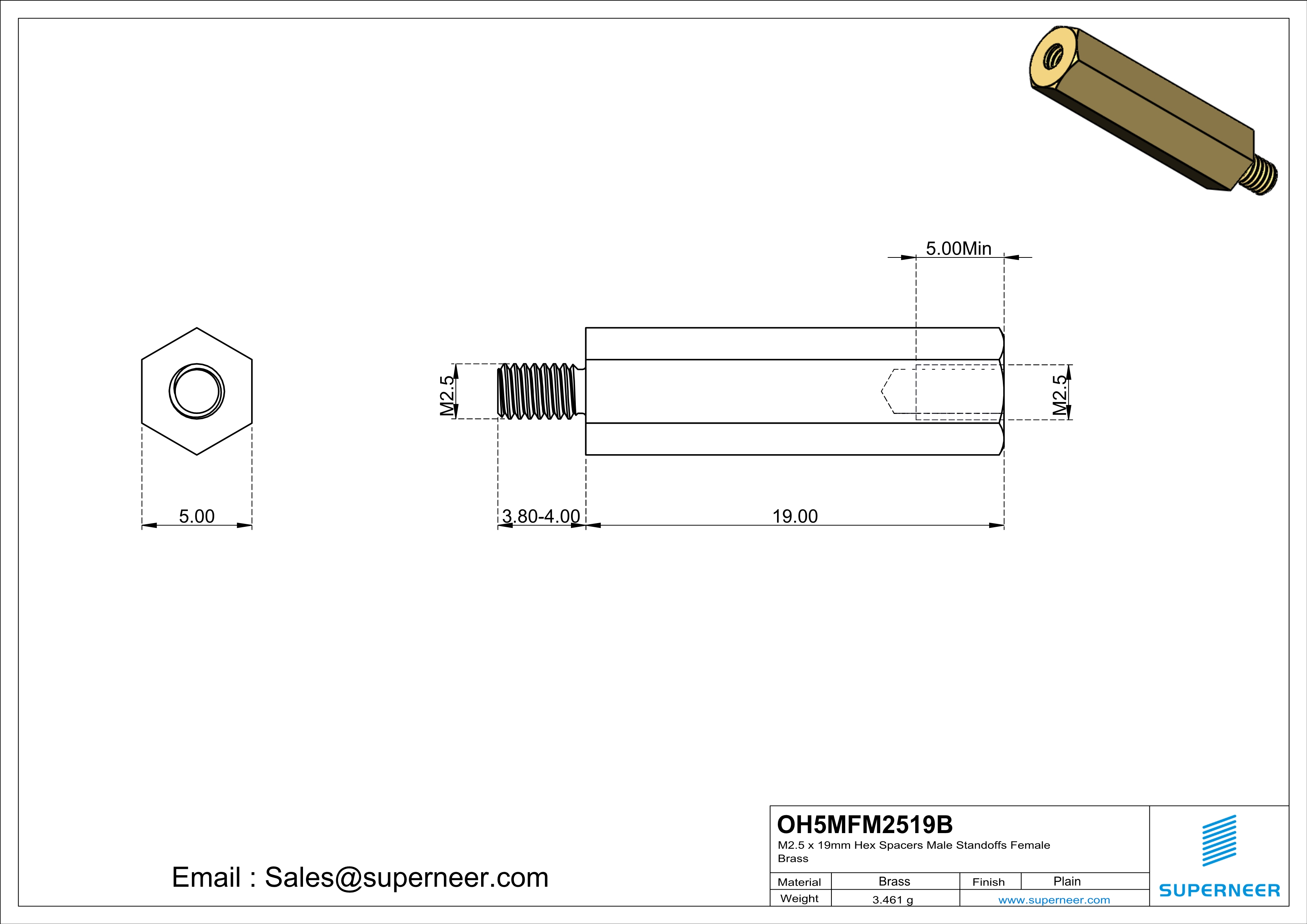 M2.5 x 19mm Hex Spacers Male  Standoffs Female Brass