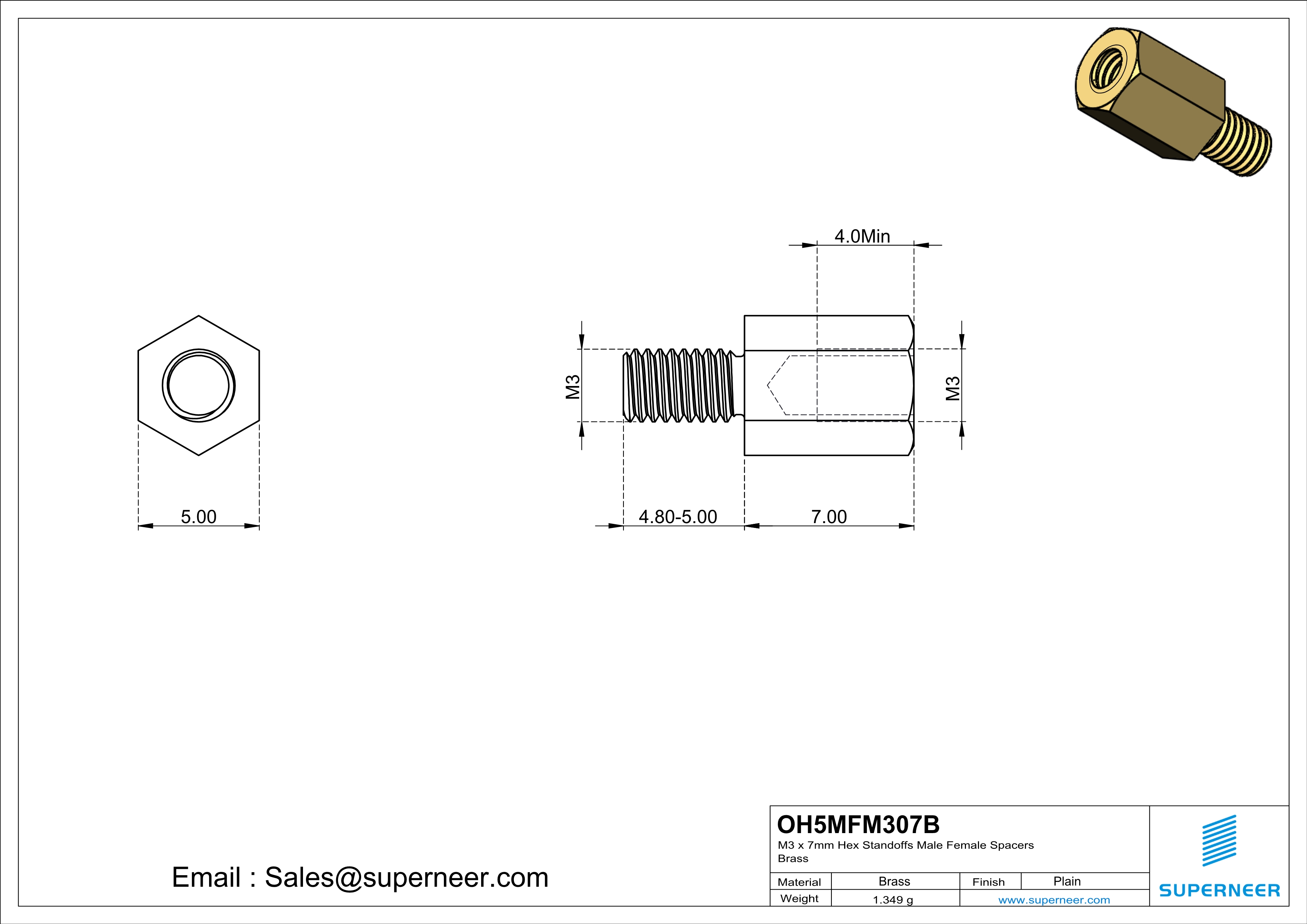 M3 x 7mm Hex Standoffs Male Female Spacers  Brass 