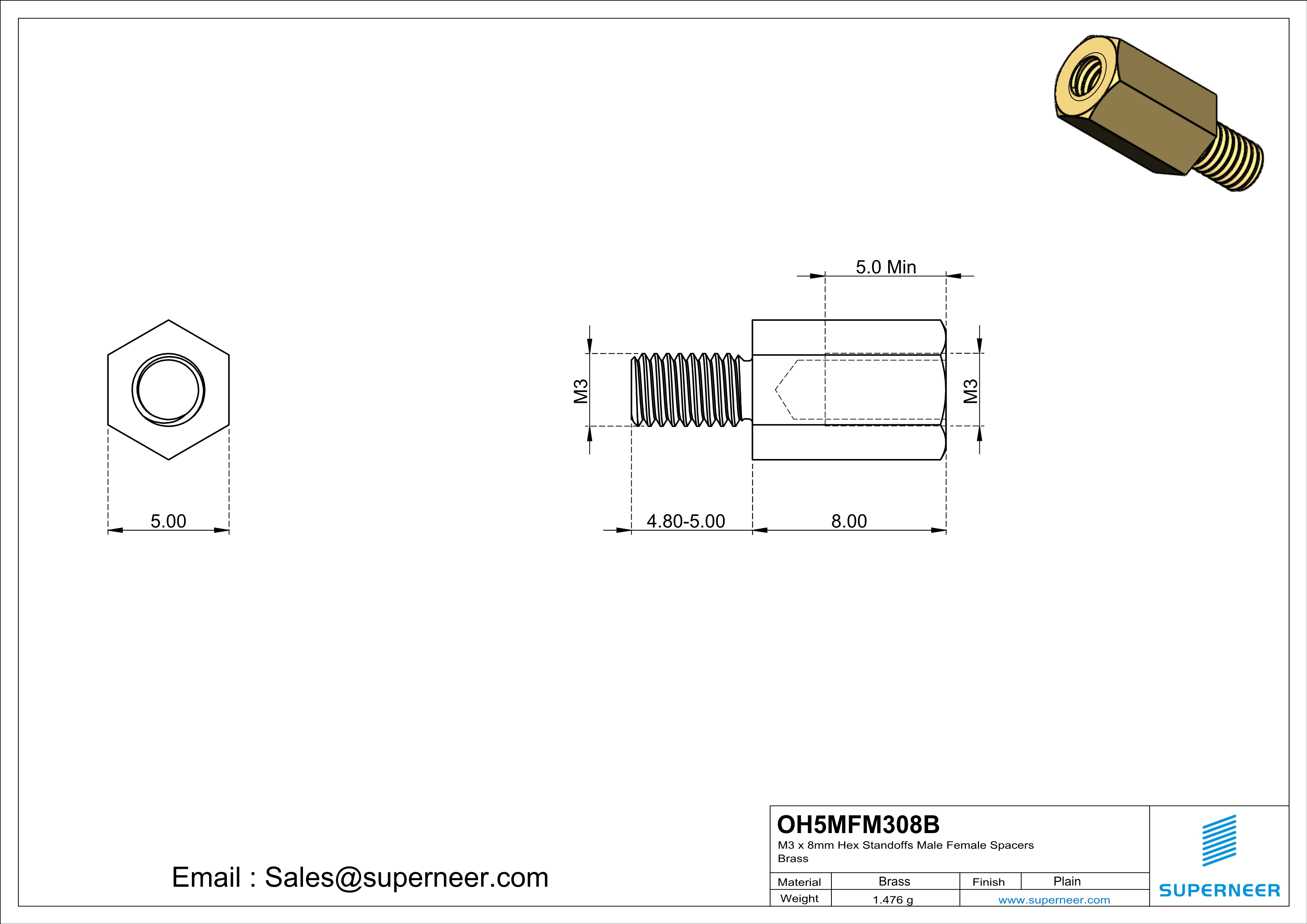 M3 x 8mm Hex Standoffs Male Female Spacers  Brass 