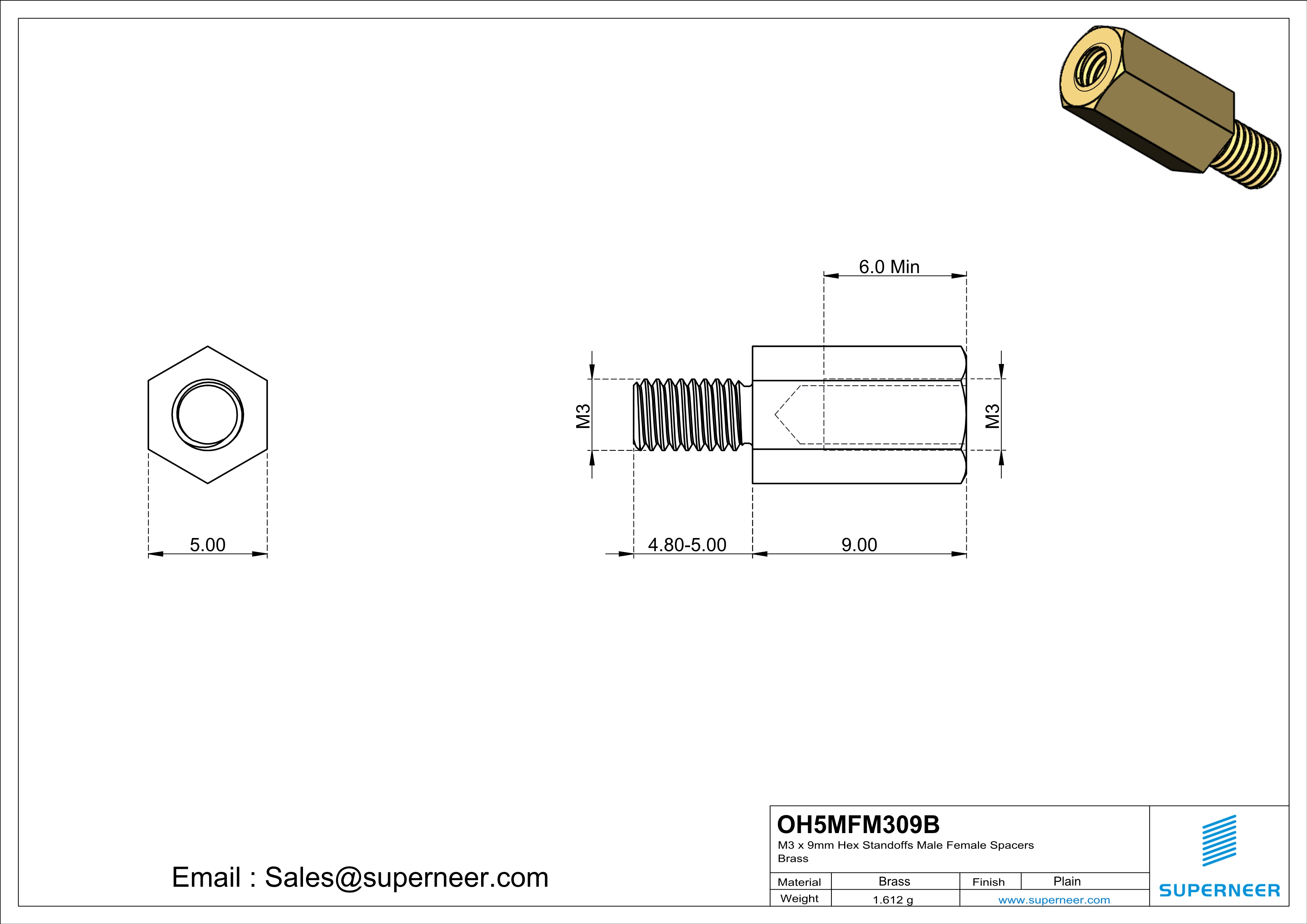 M3 x 9mm Hex Standoffs Male Female Spacers  Brass 