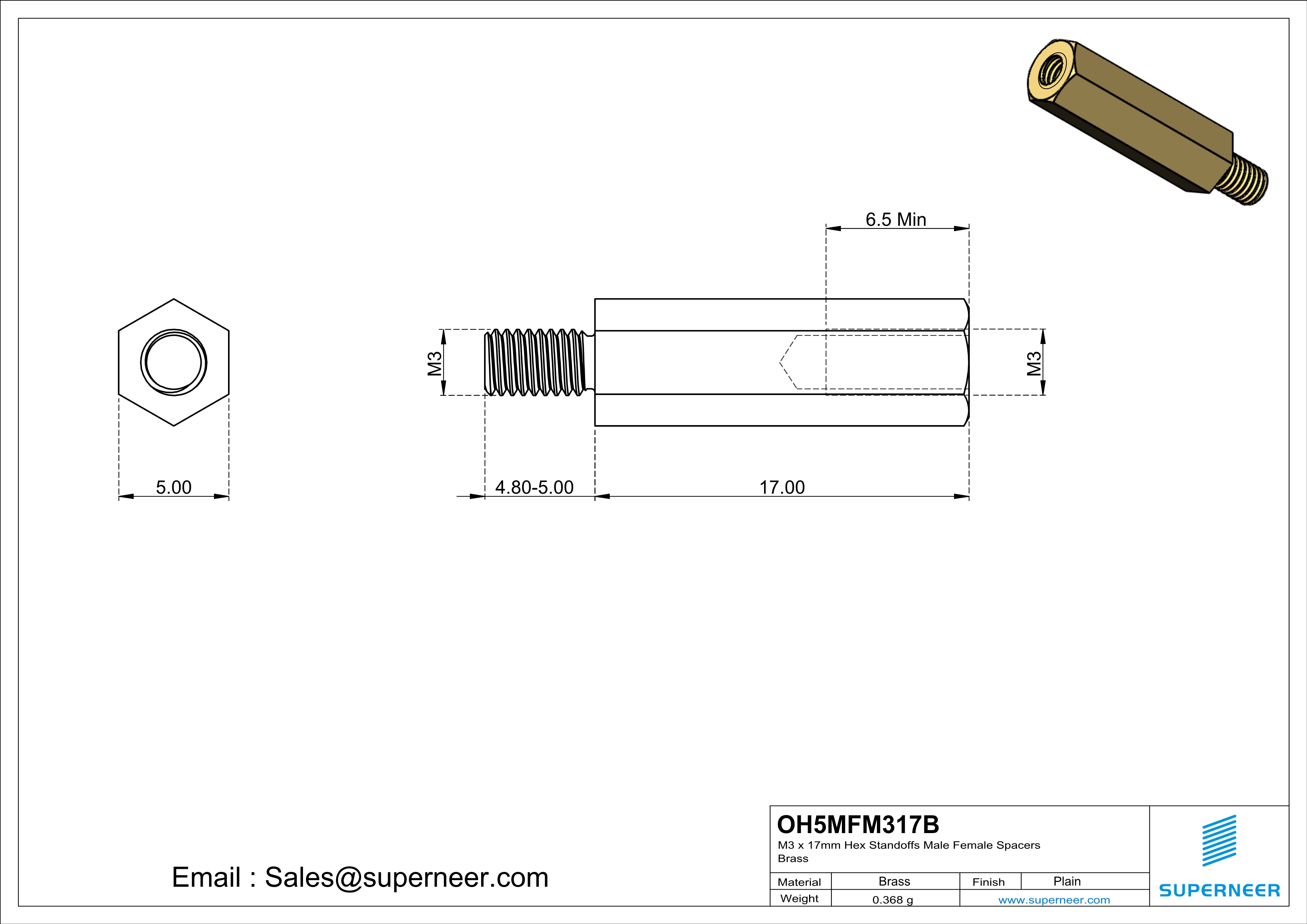 M3 x 17mm Hex Standoffs Male Female Spacers  Brass 