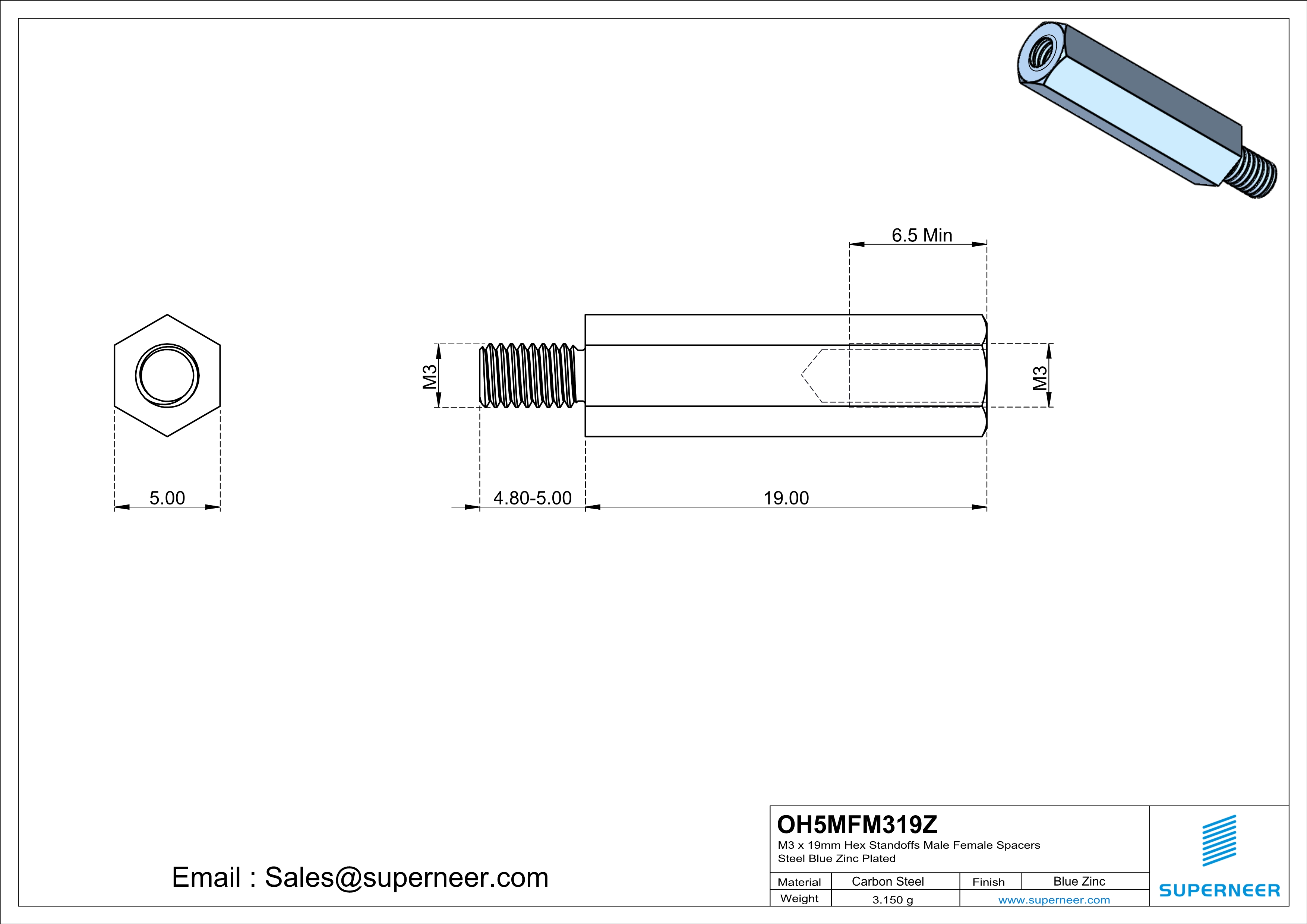 M3 x 19mm Hex Standoffs Male Female Spacers Steel Blue Zinc Plated 