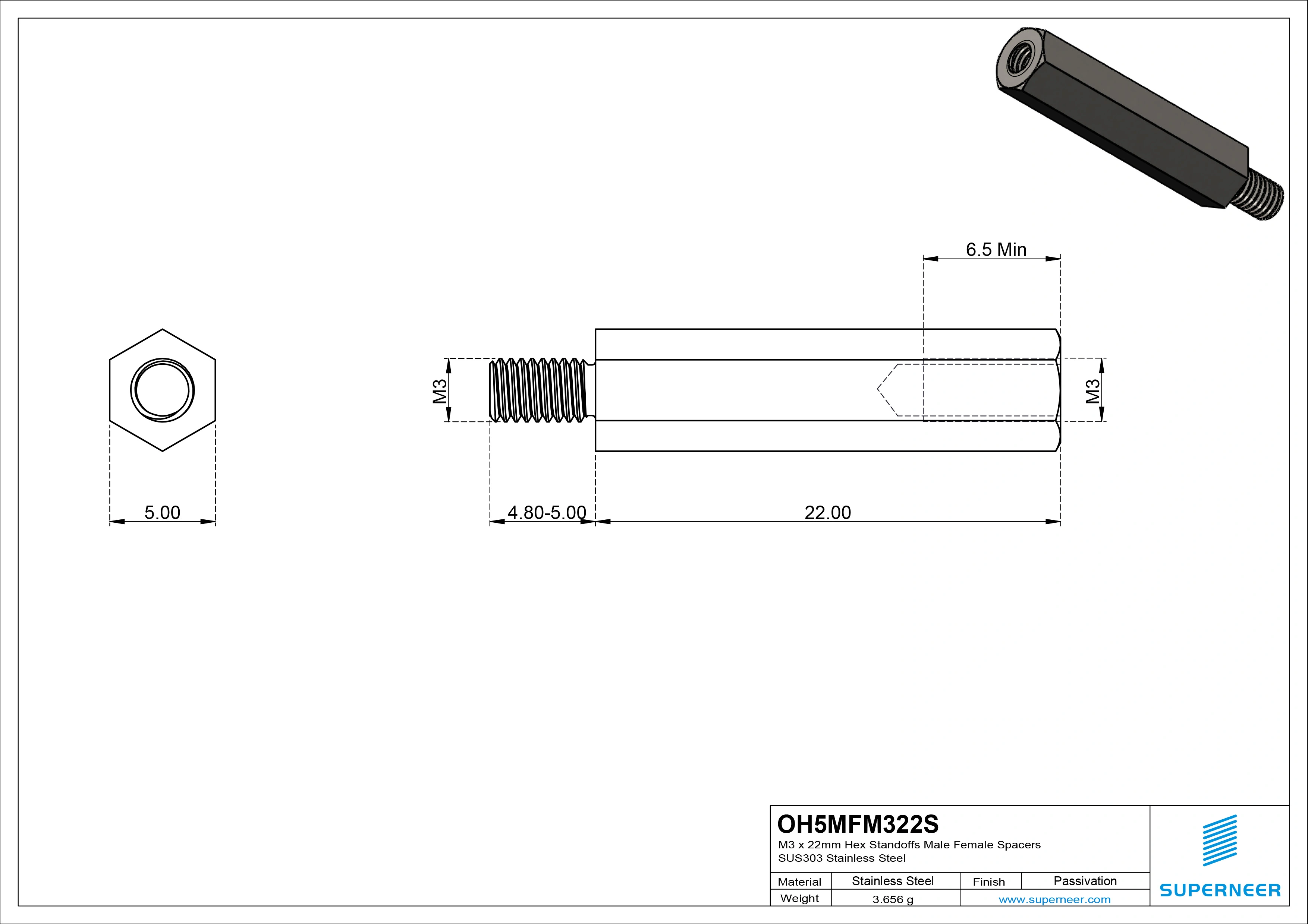 M3 x 22mm Hex Standoffs Male Female Spacers SUS303 Stainless Steel Inox 