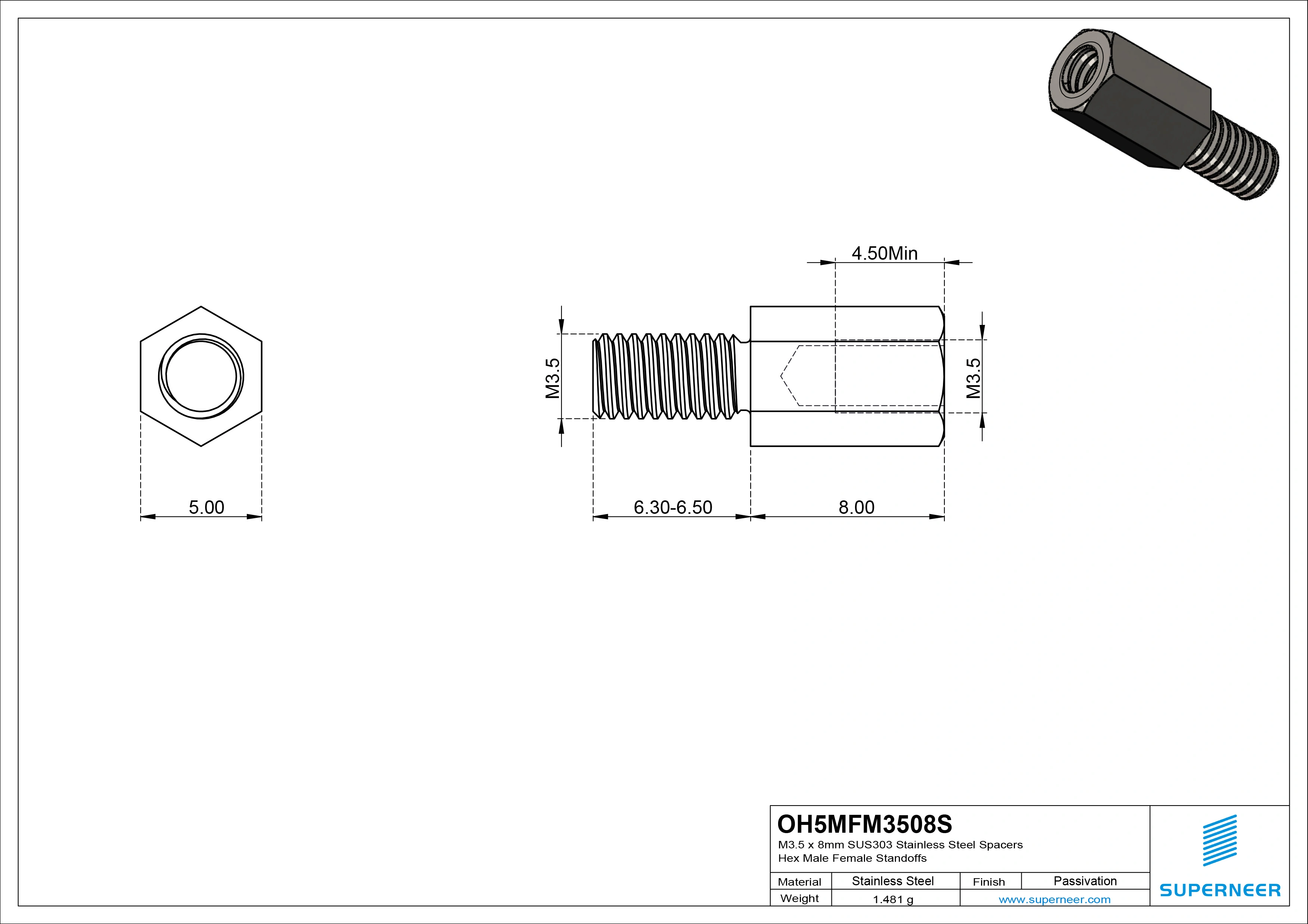 M3.5 x 8mm SUS303 Stainless Steel Inox Spacers Hex Male Female Standoffs