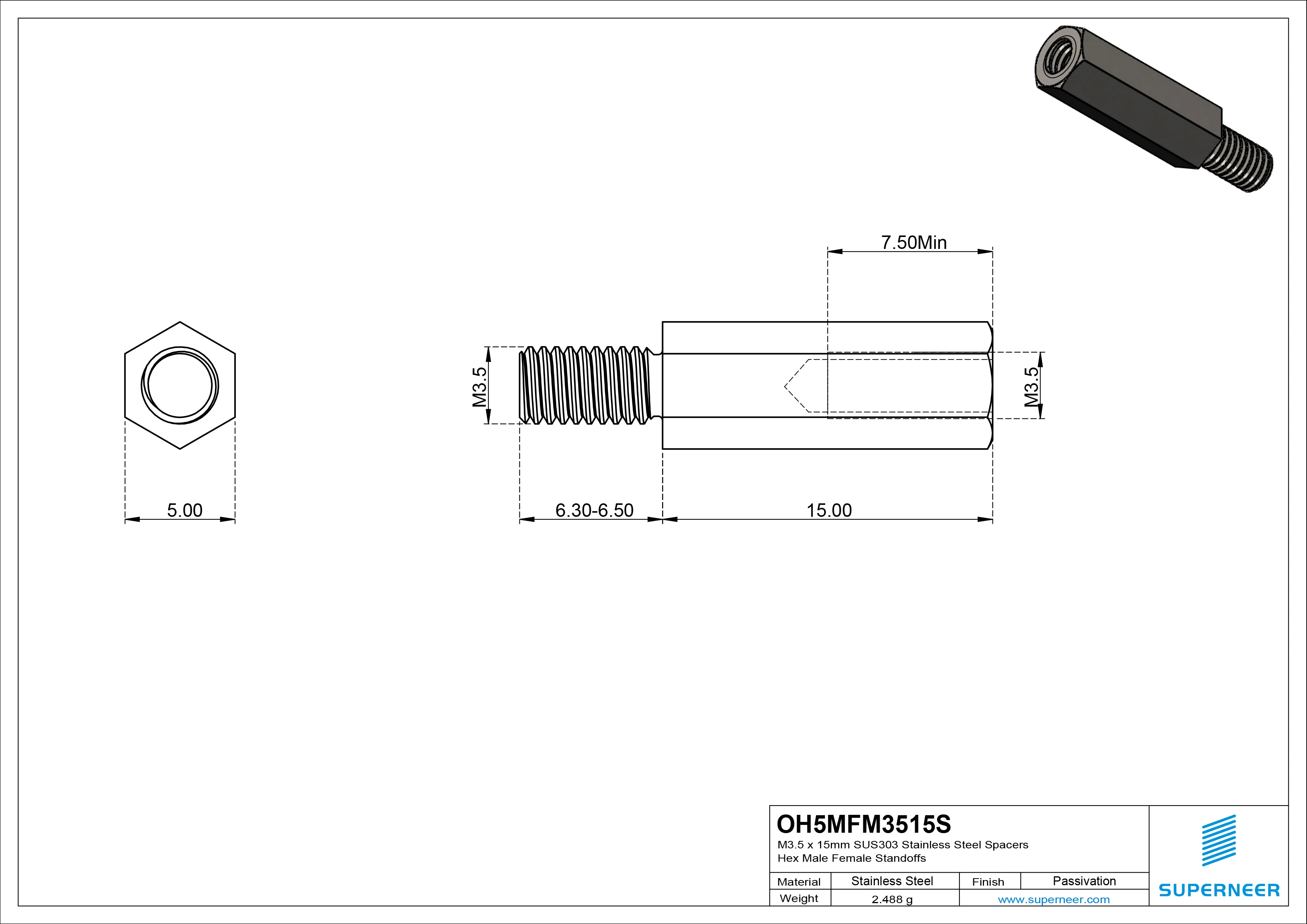 M3.5 x 15mm SUS303 Stainless Steel Inox Spacers Hex Male Female Standoffs