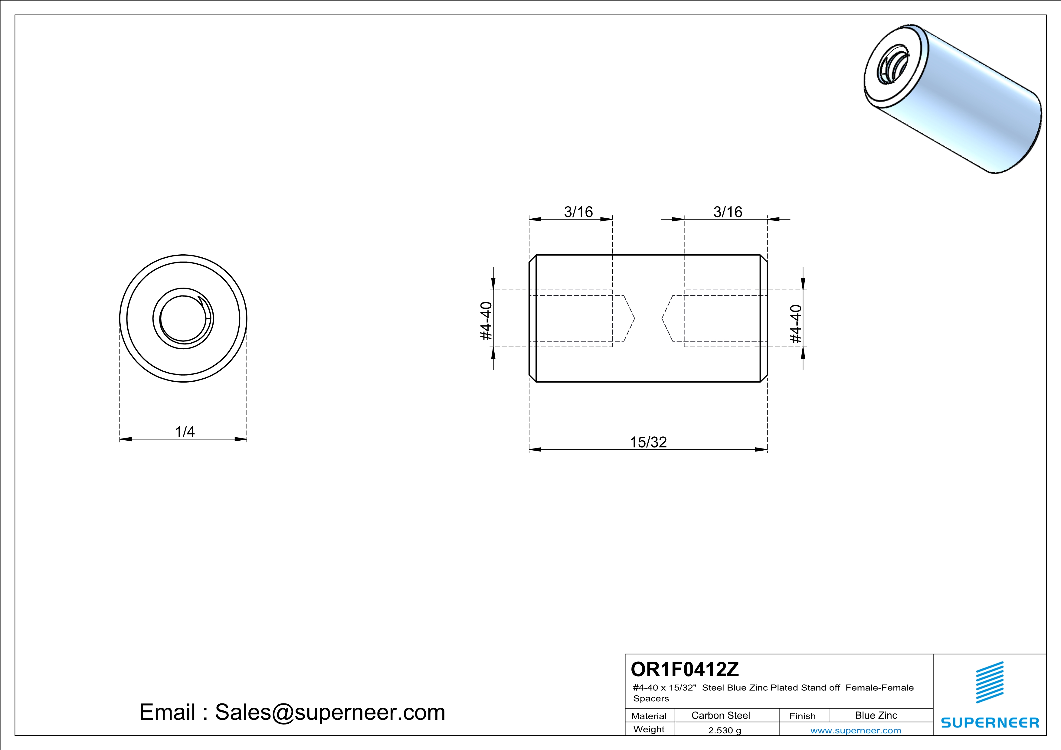 4-40 x 15/32" Steel Blue Zinc Plated Stand off Spacers Female-Female Steel Blue Zinc Plated 