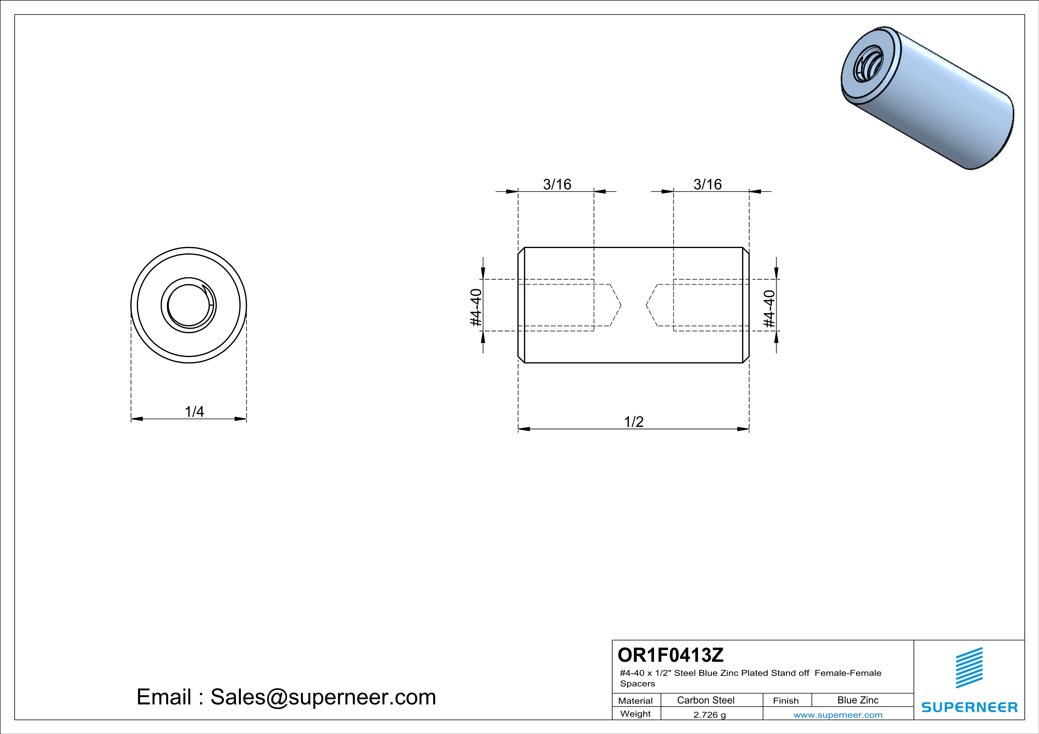 4-40 x 1/2" Steel Blue Zinc Plated Stand off Spacers Female-Female Steel Blue Zinc Plated 
