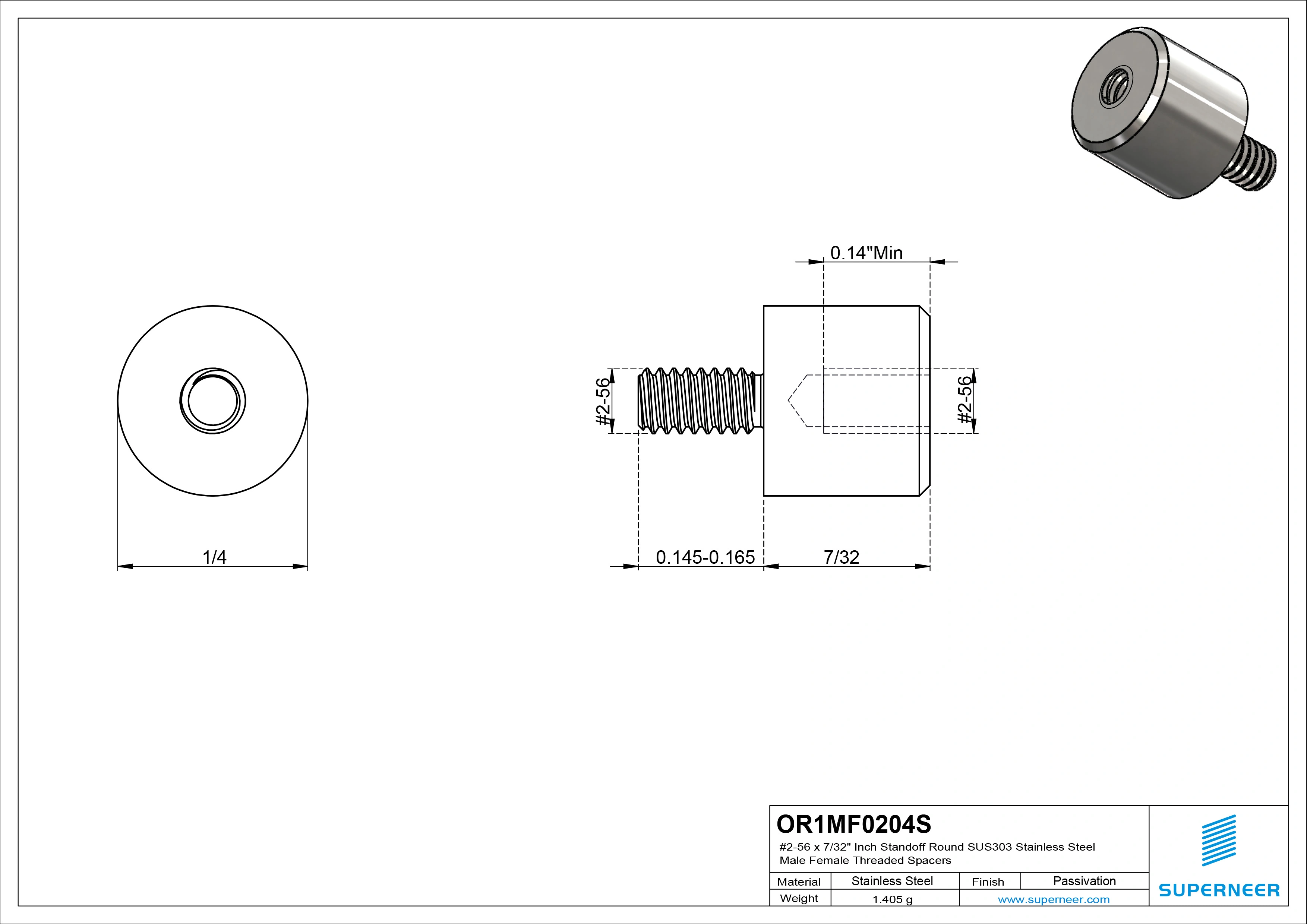 2-56 x 7/32" Inch Standoff Round SUS303 Stainless Steel Inox Male Female Threaded Spacers