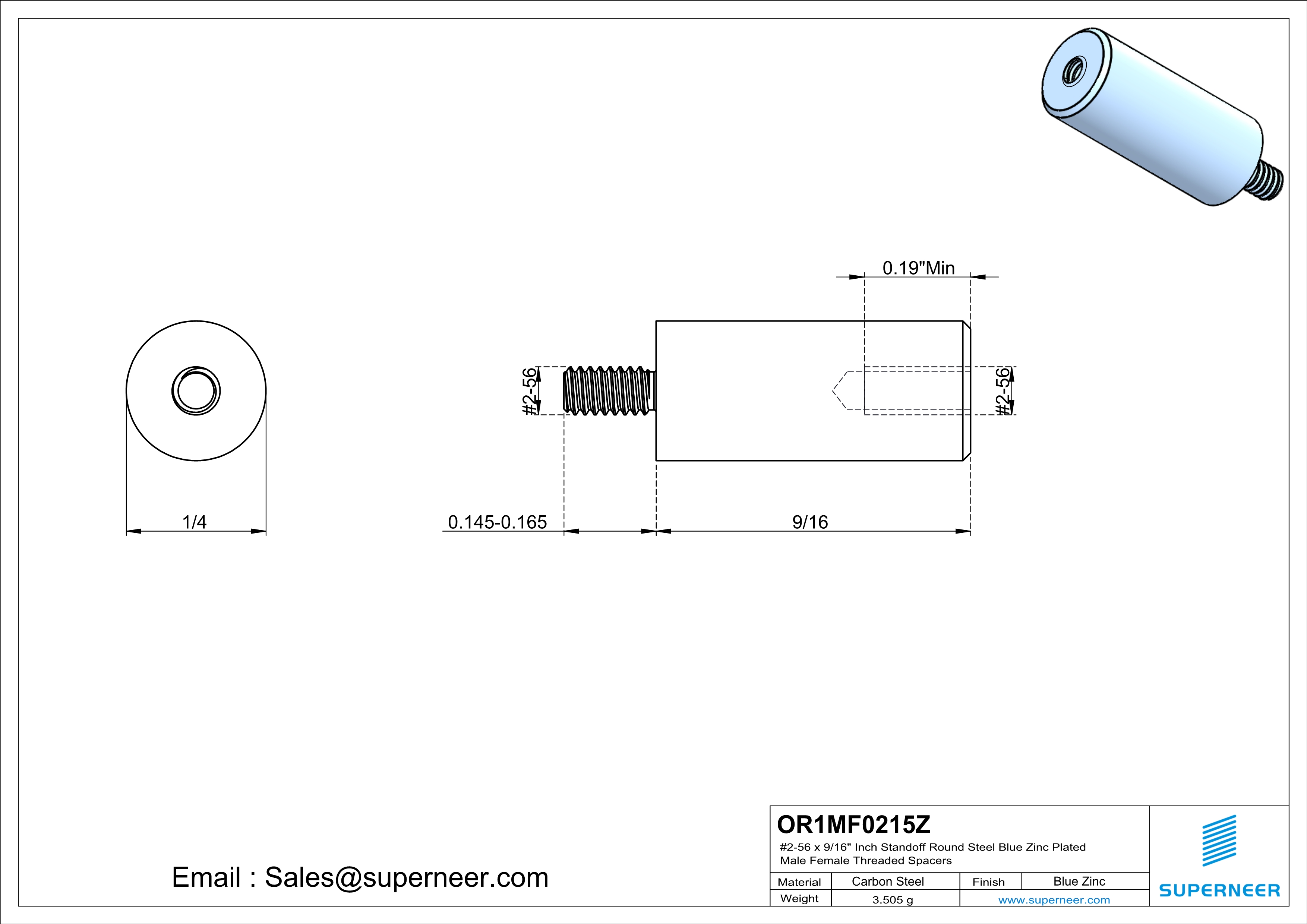2-56 x 9/16" Inch Standoff Round Steel Blue Zinc Plated Male Female Threaded Spacers