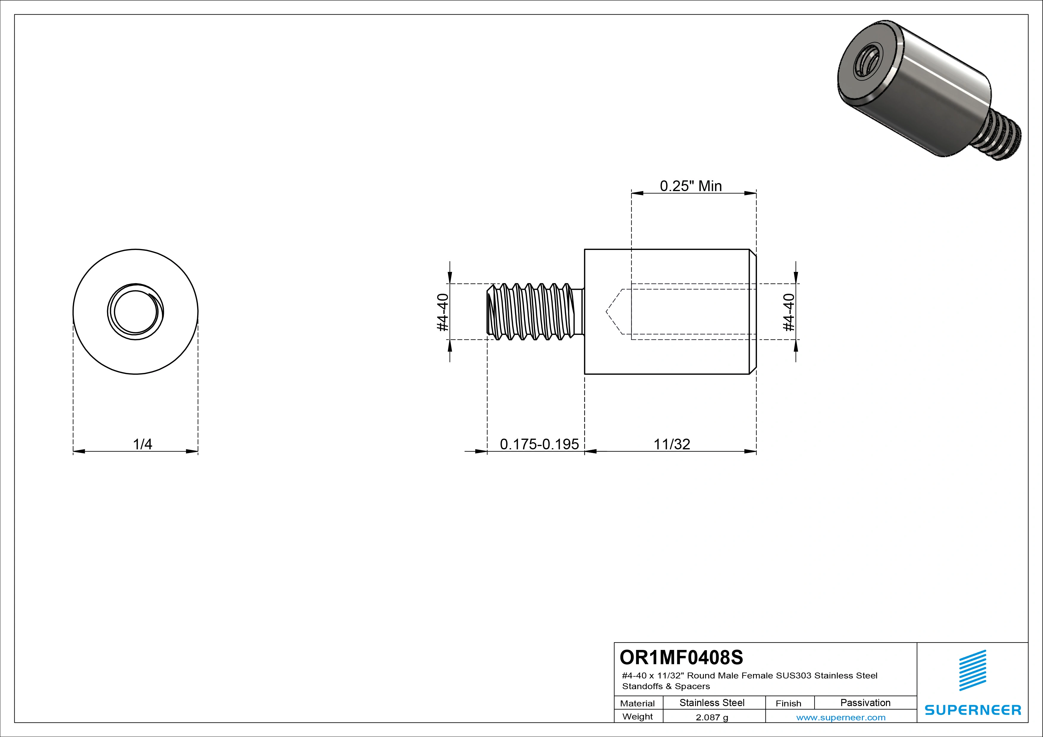 4-40 x 11/32" Round Male Female SUS303 Stainless Steel Inox Standoffs & Spacers