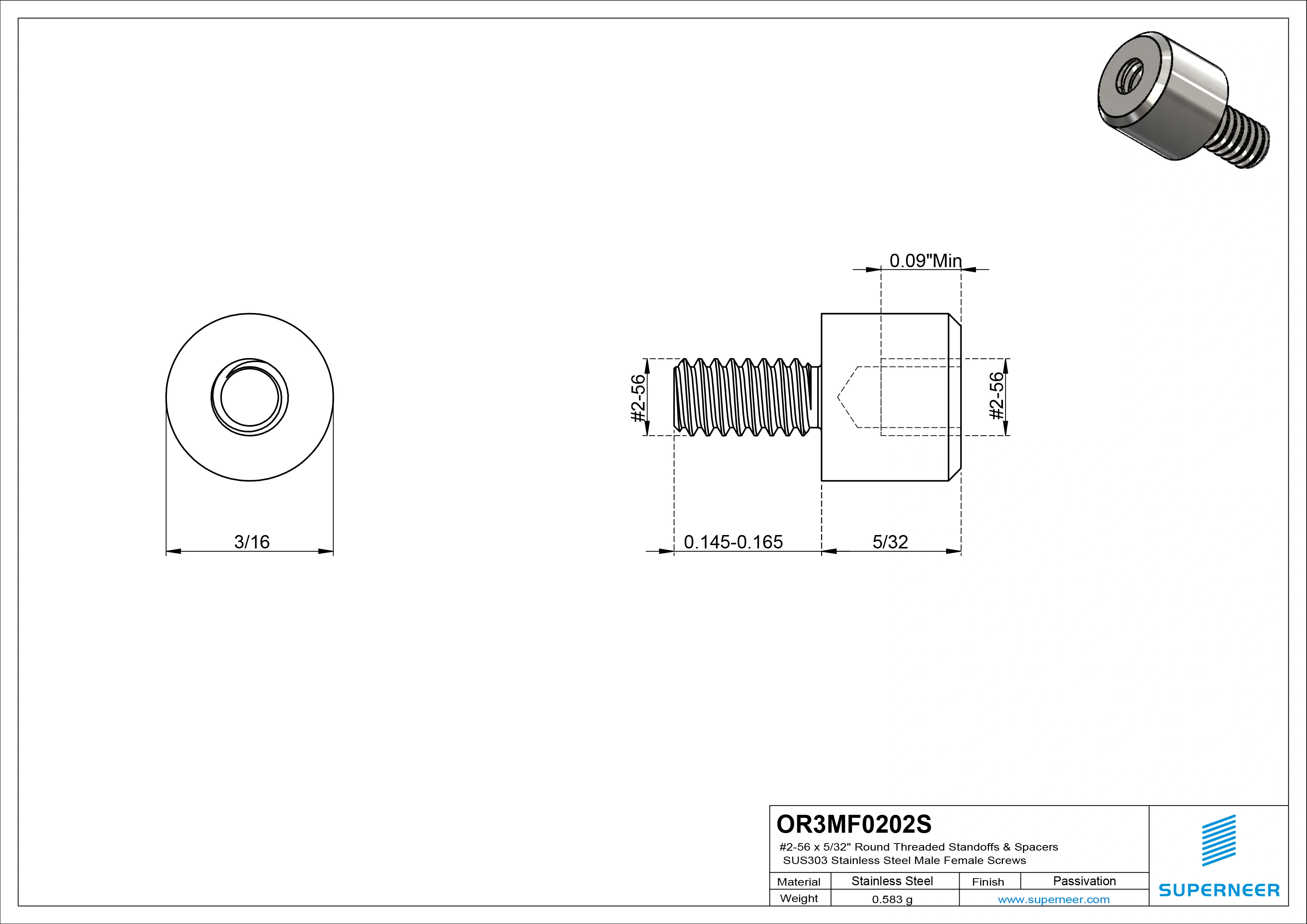 2-56 x 5/32" Round Threaded Standoffs & Spacers SUS303 Stainless Steel Inox Male Female Screws