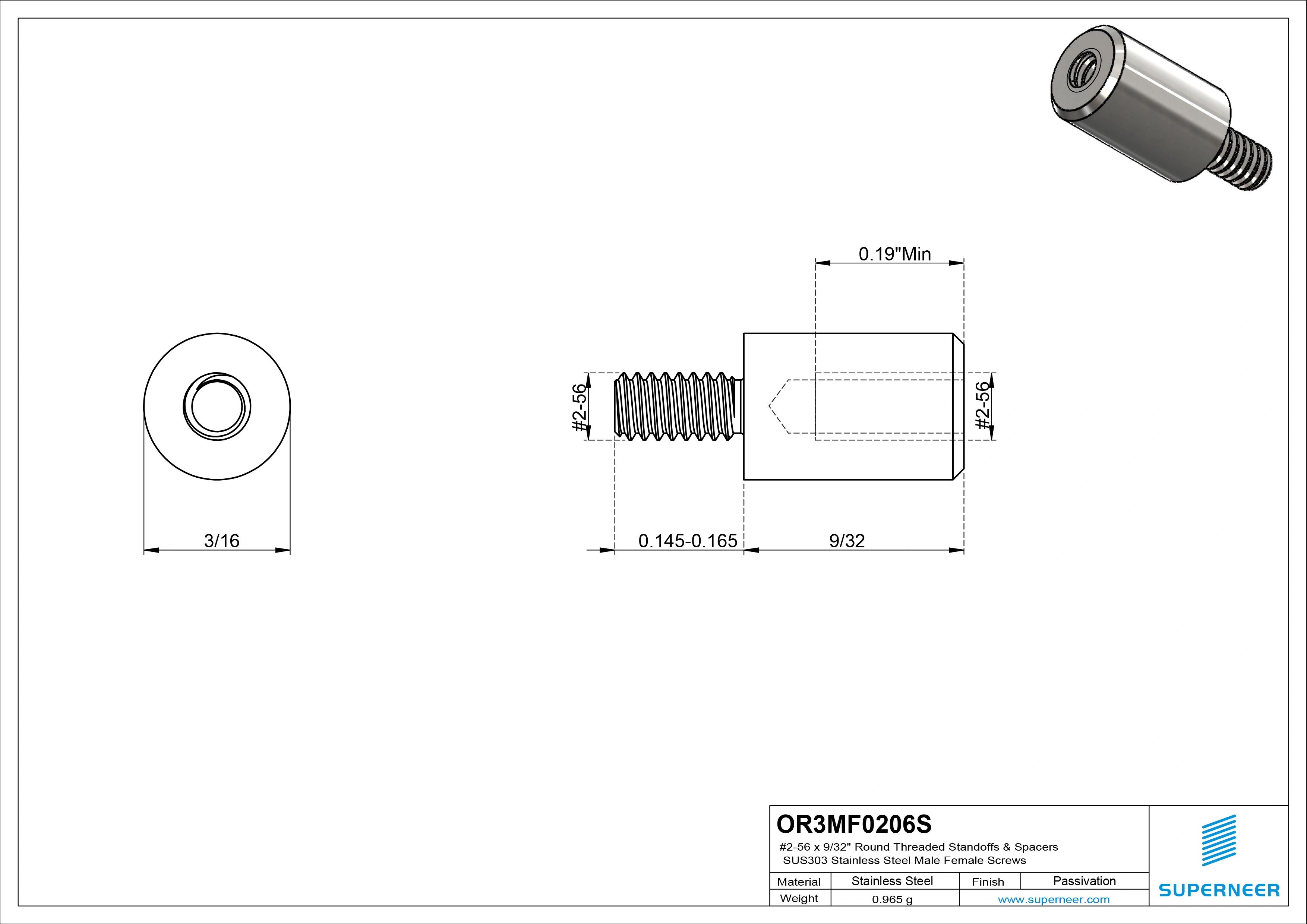 2-56 x 9/32" Round Threaded Standoffs & Spacers SUS303 Stainless Steel Inox Male Female Screws