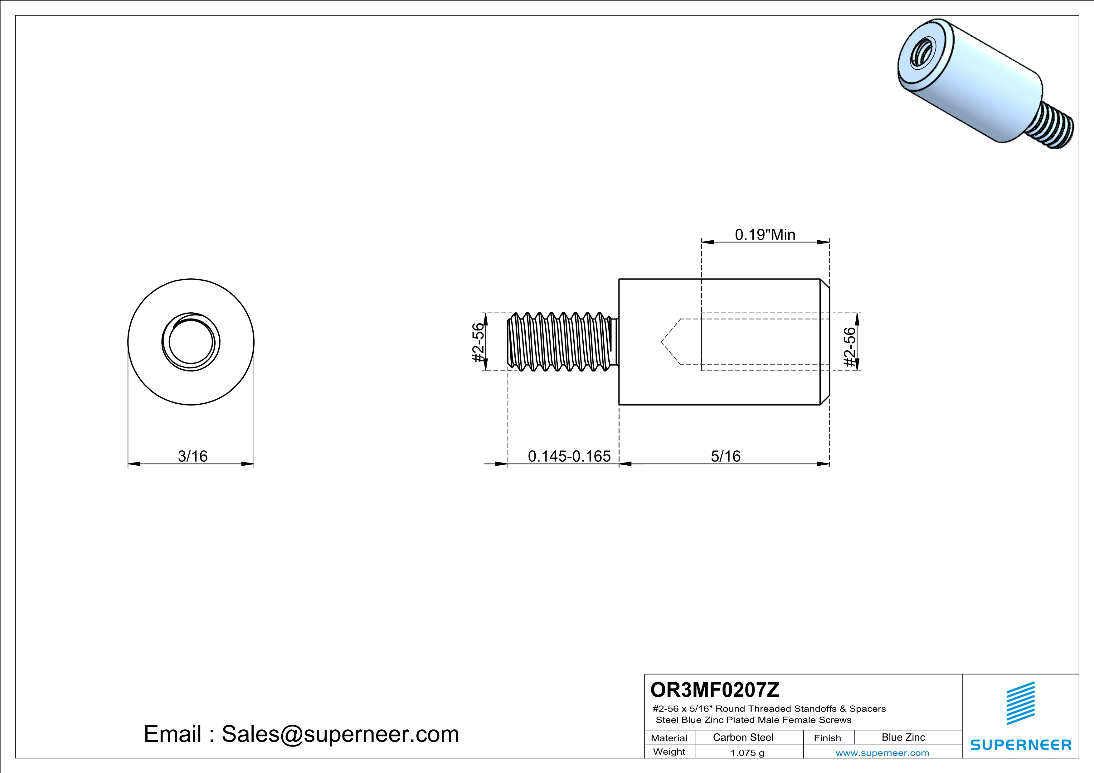 2-56 x 5/16" Round Threaded Standoffs & Spacers Steel Blue Zinc Plated Male Female Screws