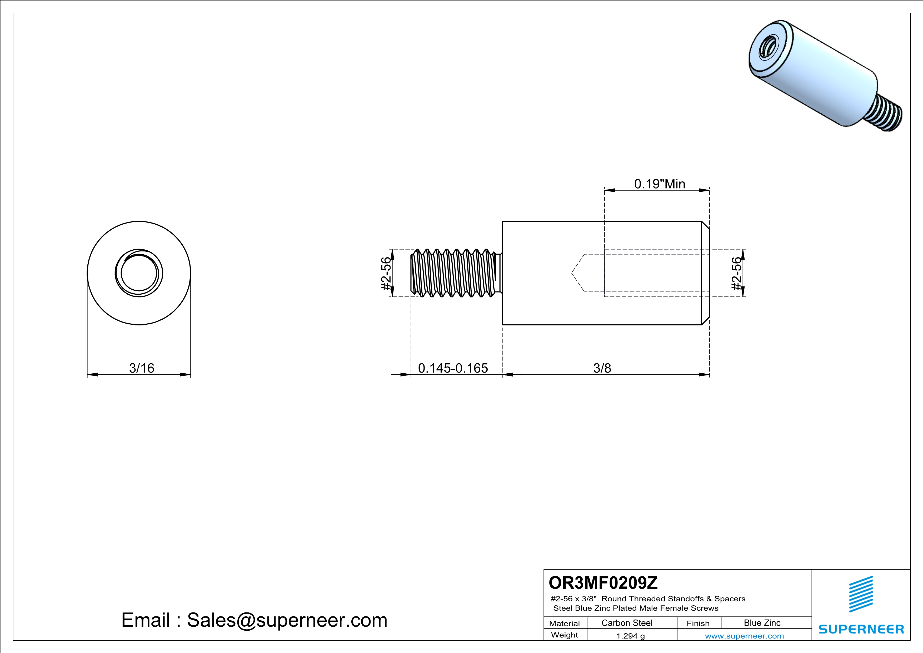 2-56 x 3/8" Round Threaded Standoffs & Spacers Steel Blue Zinc Plated Male Female Screws